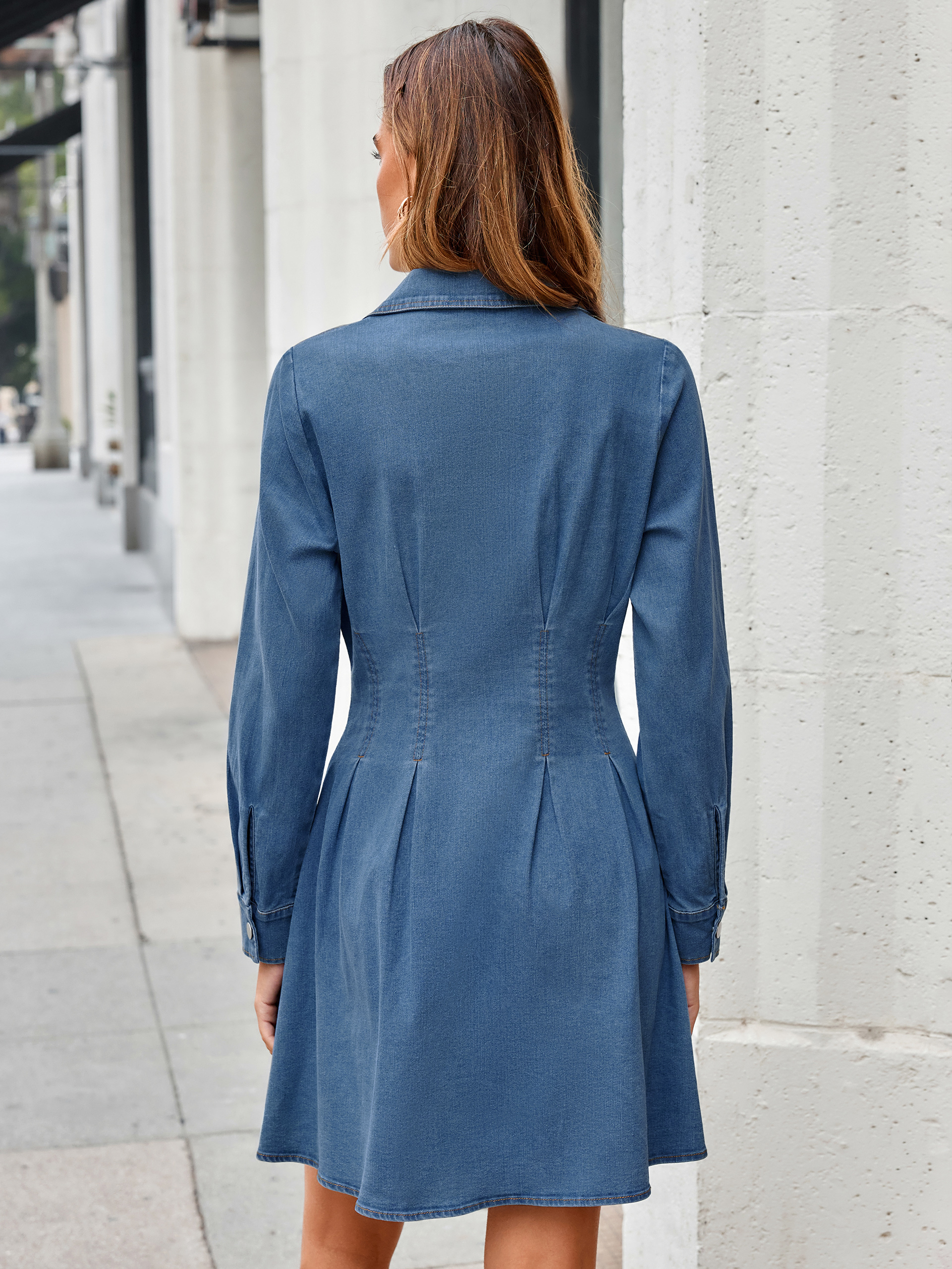 Button Front Stretch Denim Mini Shirt Dress