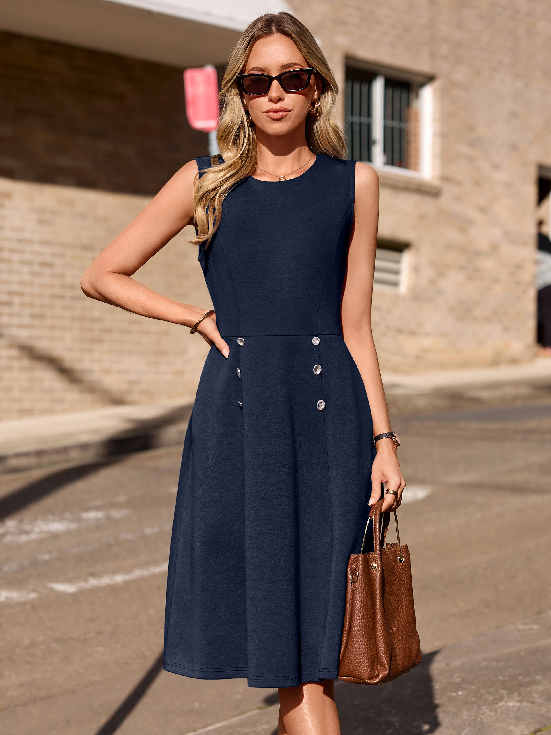 Round Neck A-Line Office Midi Dress