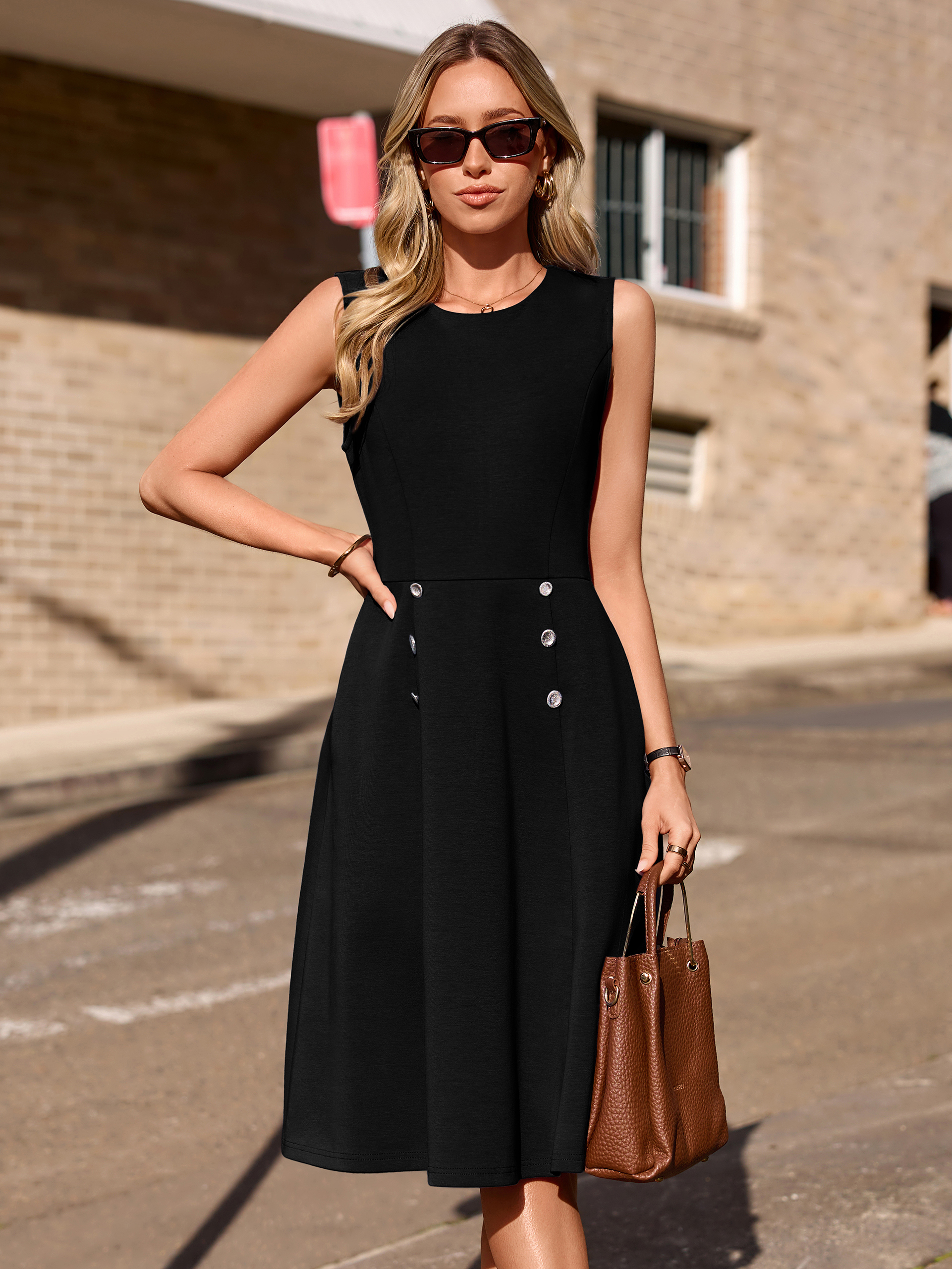 Round Neck A-Line Office Midi Dress