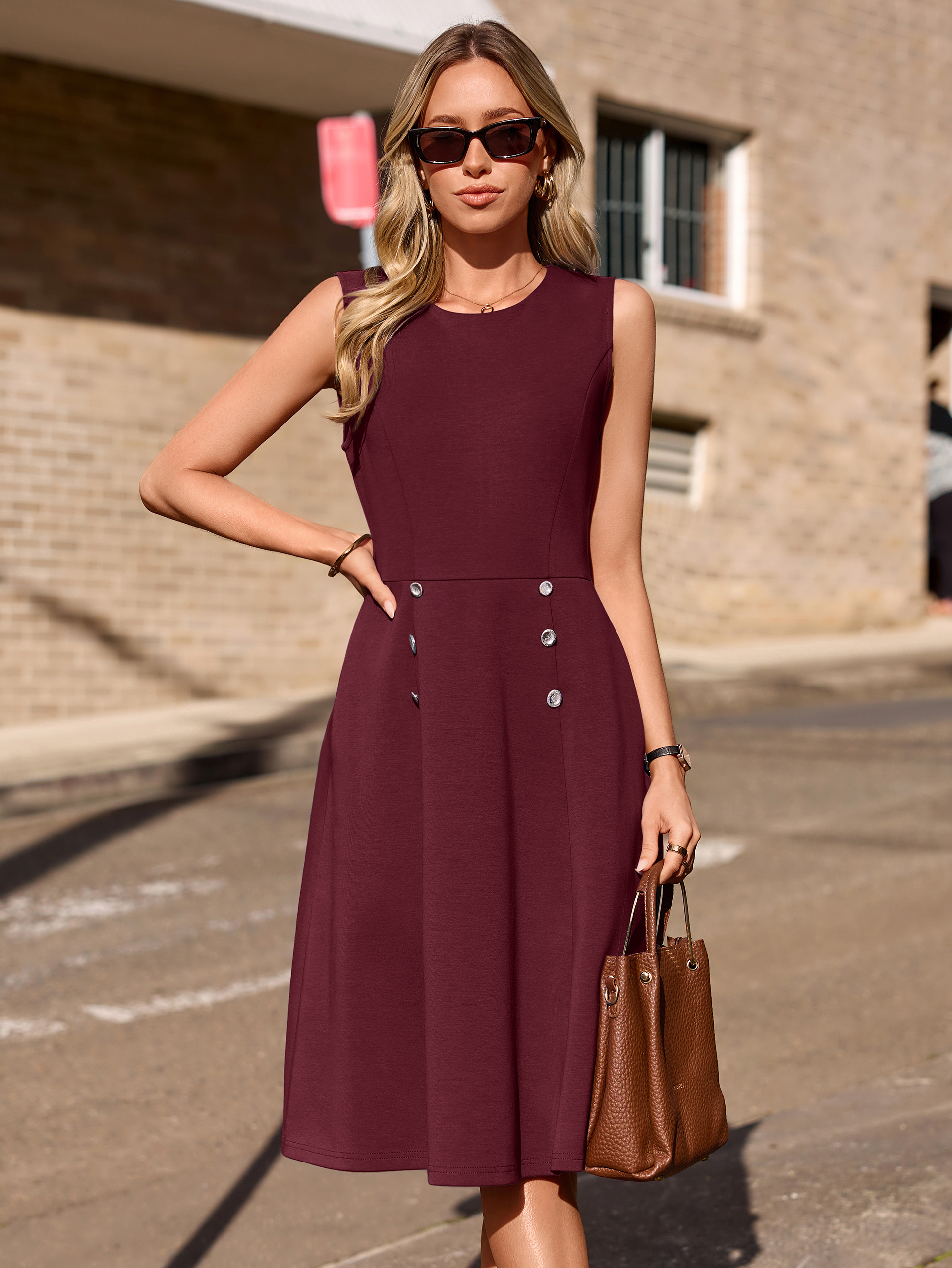 Round Neck A-Line Office Midi Dress
