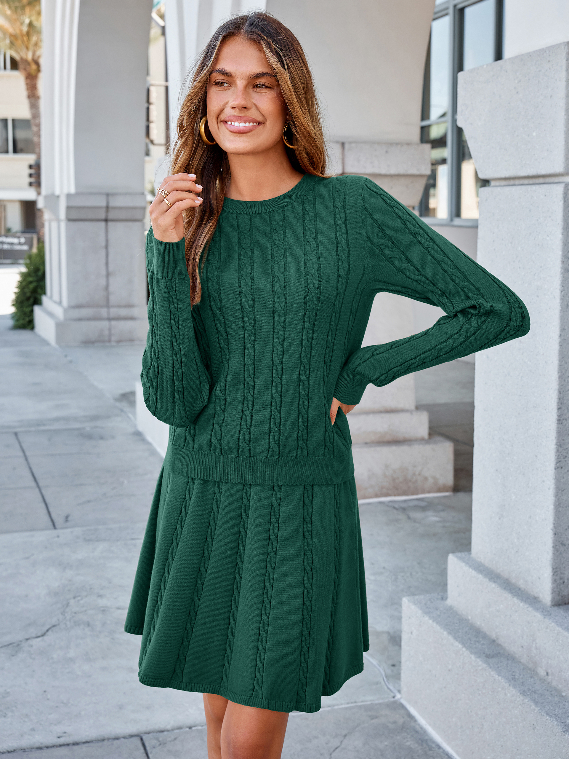 Cable Knit Long Sleeve Sweater Pleated Mini Skirt Set