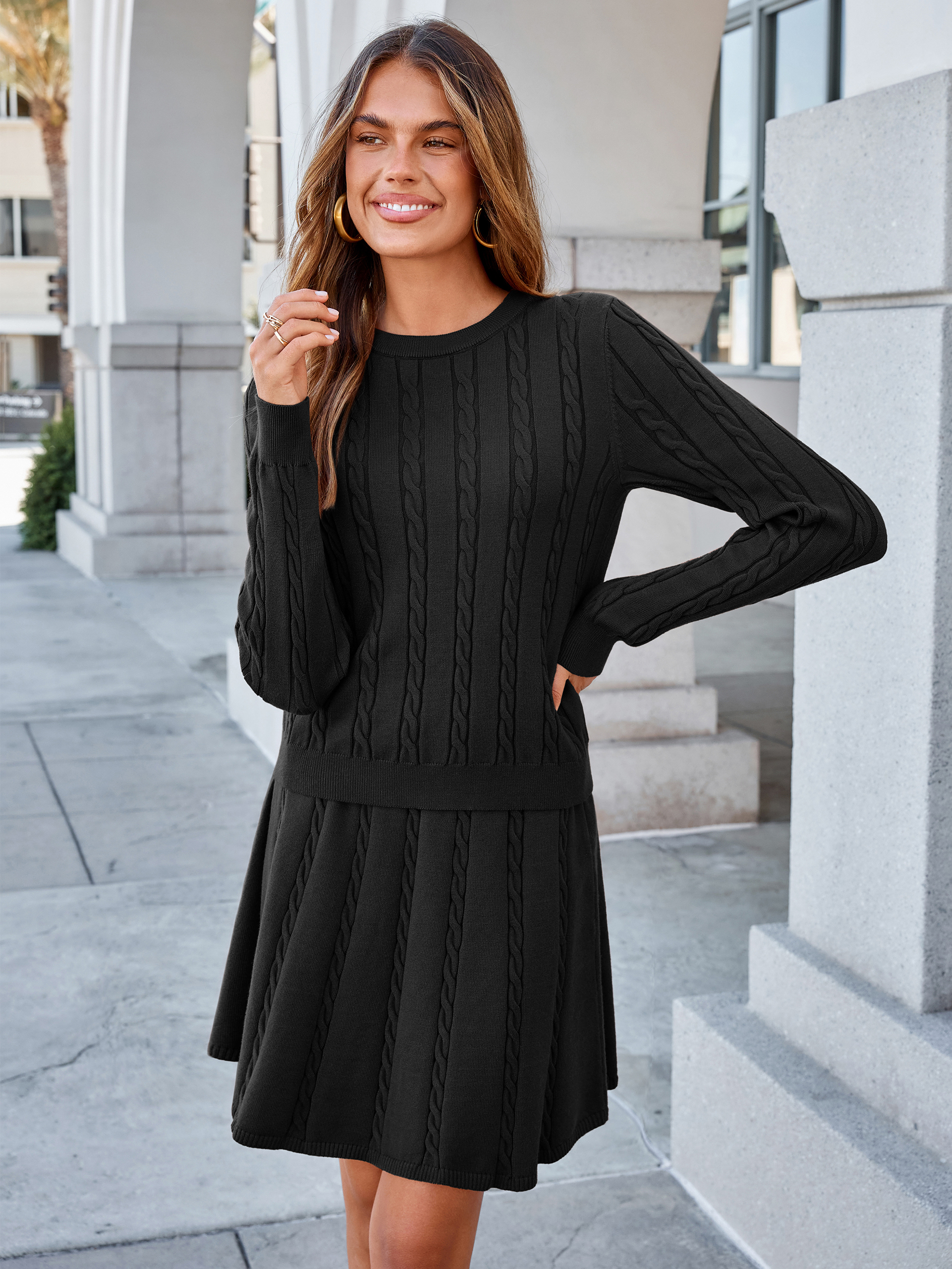 Cable Knit Long Sleeve Sweater Pleated Mini Skirt Set
