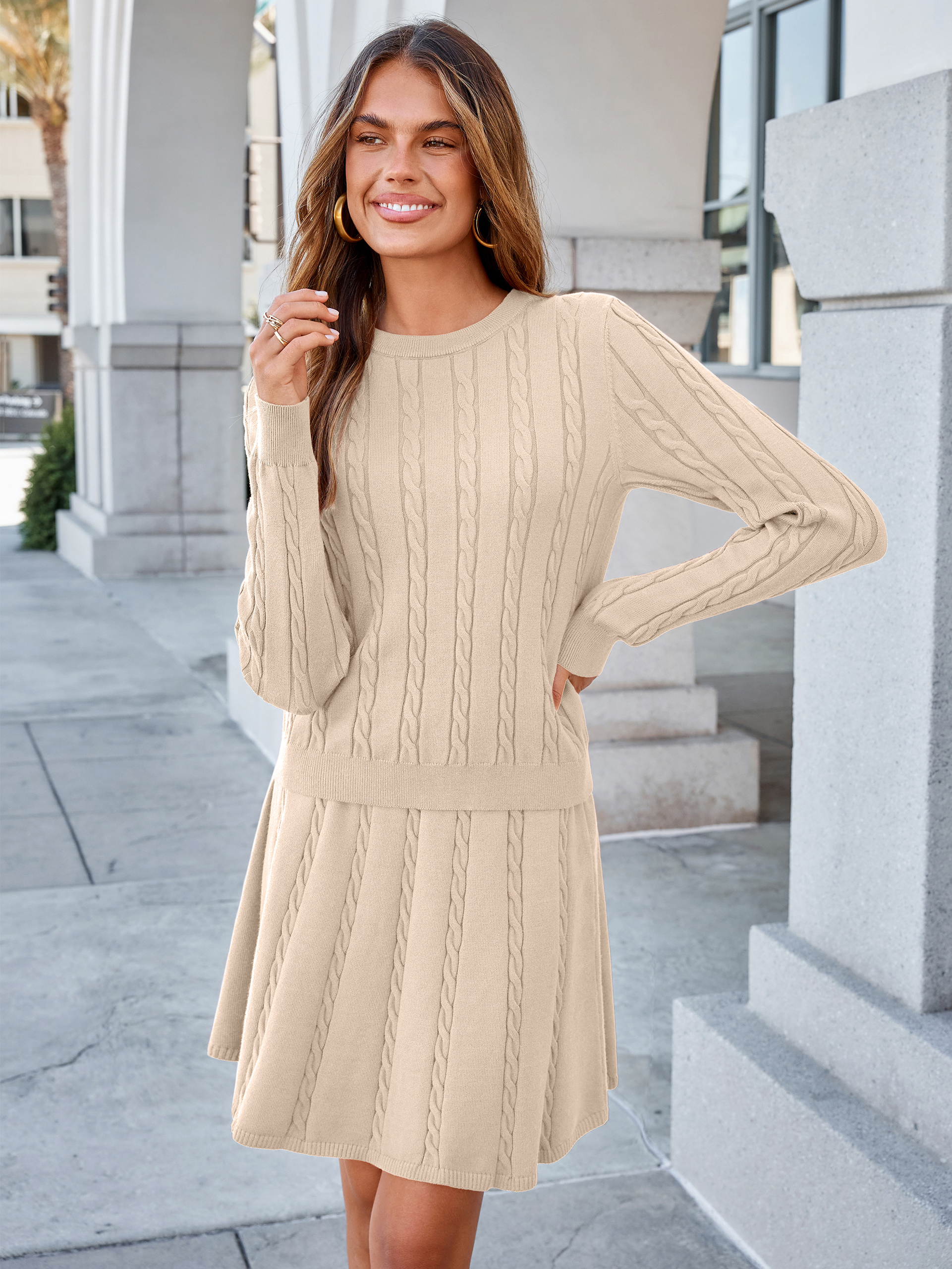 Cable Knit Long Sleeve Sweater Pleated Mini Skirt Set