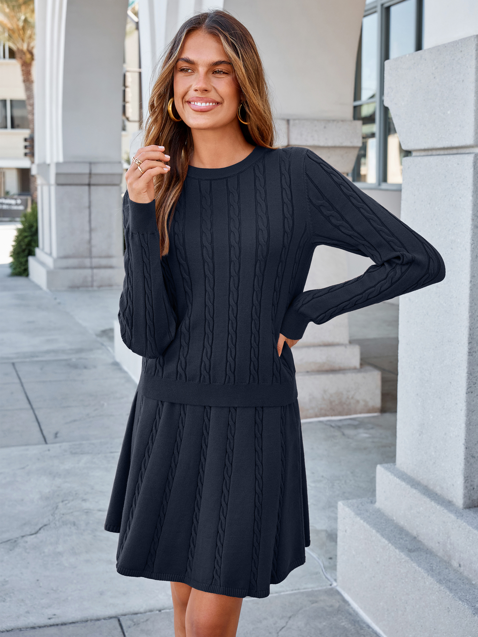 Cable Knit Long Sleeve Sweater Pleated Mini Skirt Set