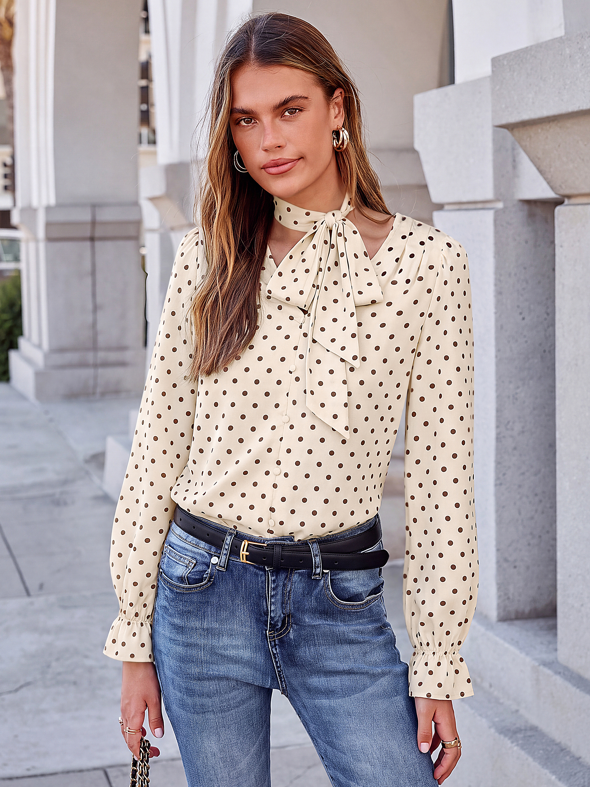Polka Dot Tie-Neck Long Sleeve Satin Blouse