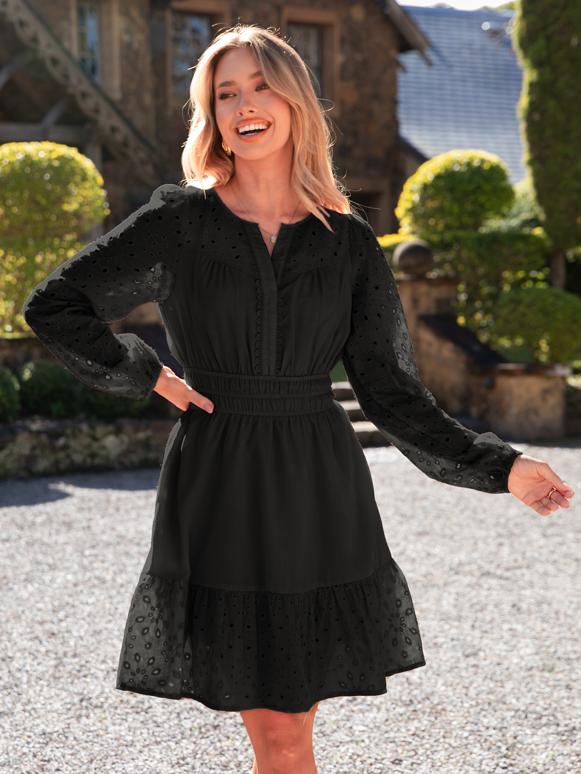 Eyelet V Neck Long Sleeve A Line Mini Dress