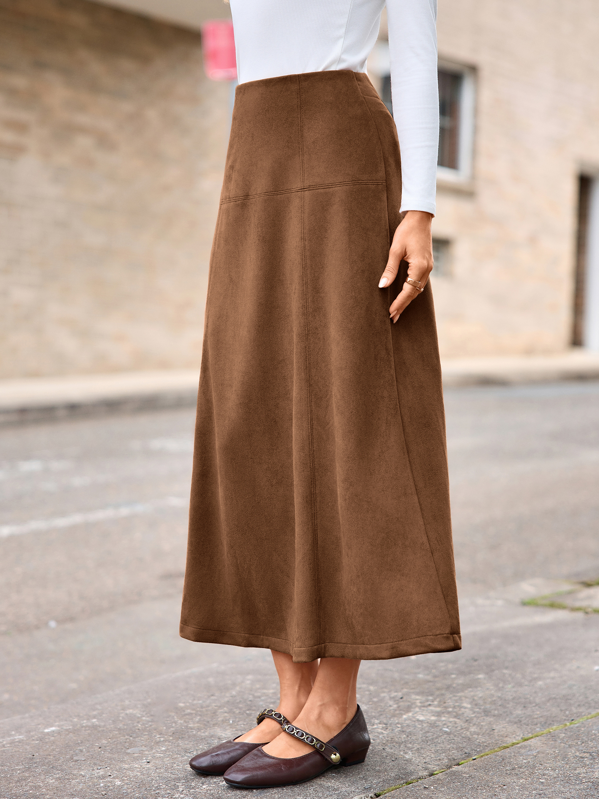 Faux Suede High Waisted Flare Midi Skirt