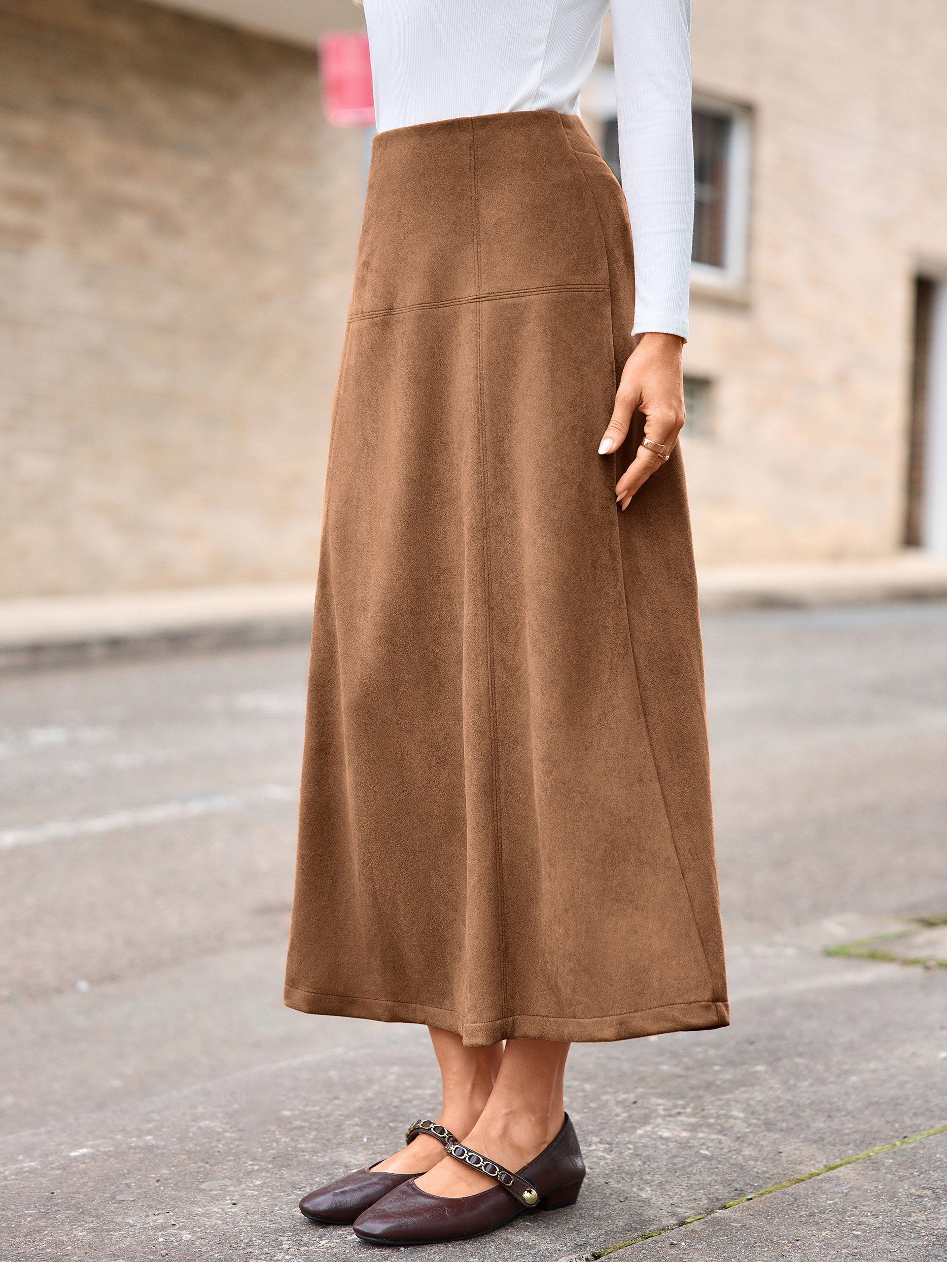 Faux Suede High Waisted Flare Midi Skirt