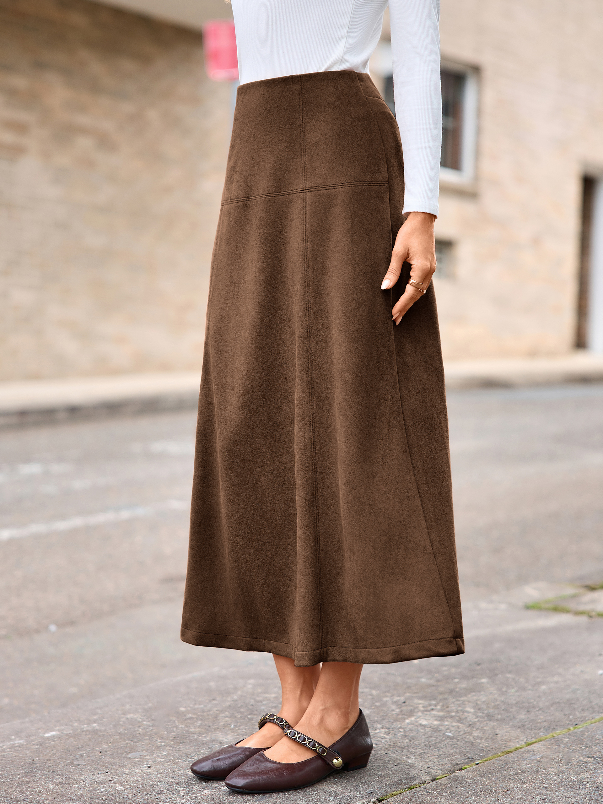 Faux Suede High Waisted Flare Midi Skirt