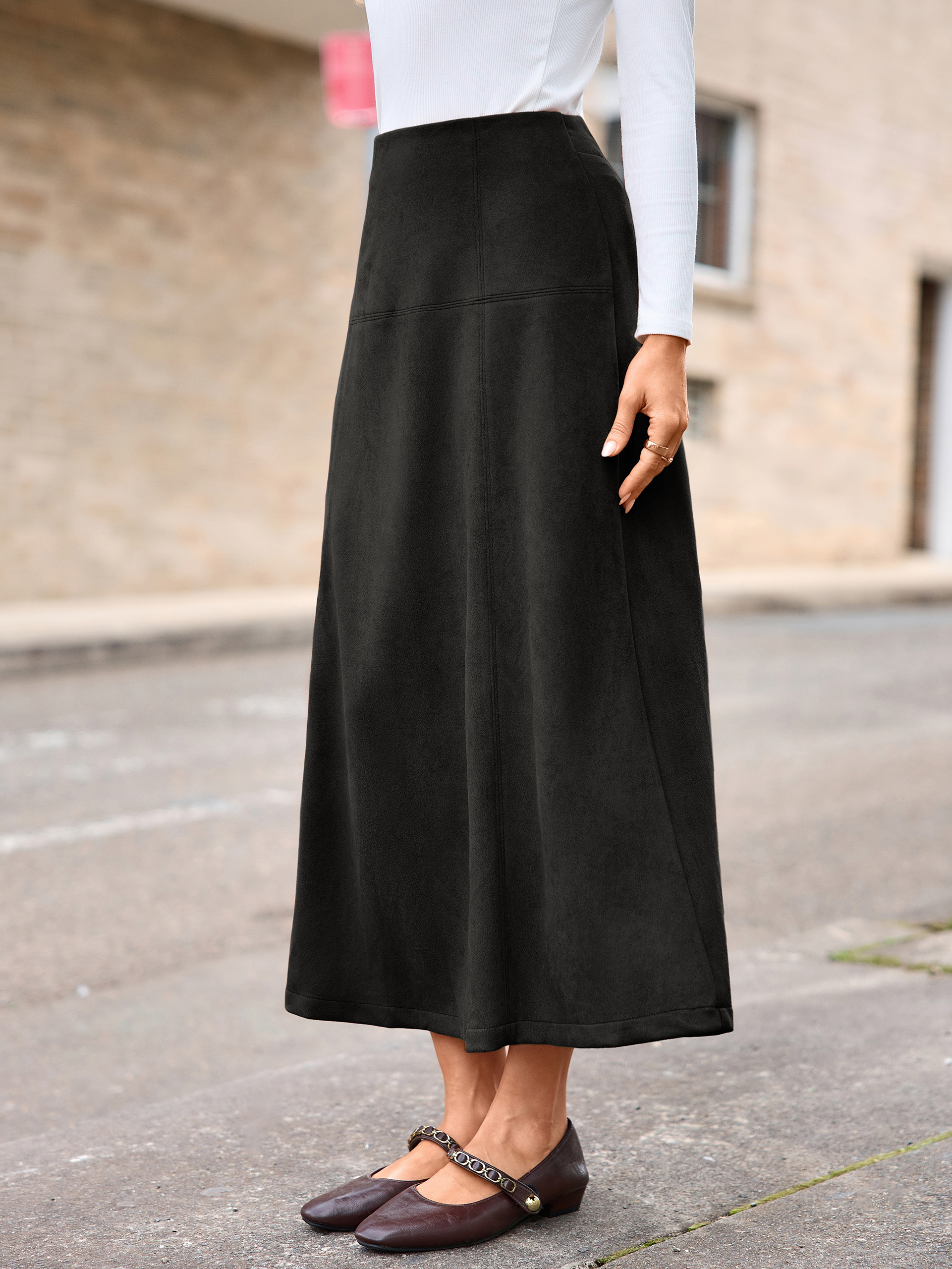 Faux Suede High Waisted Flare Midi Skirt