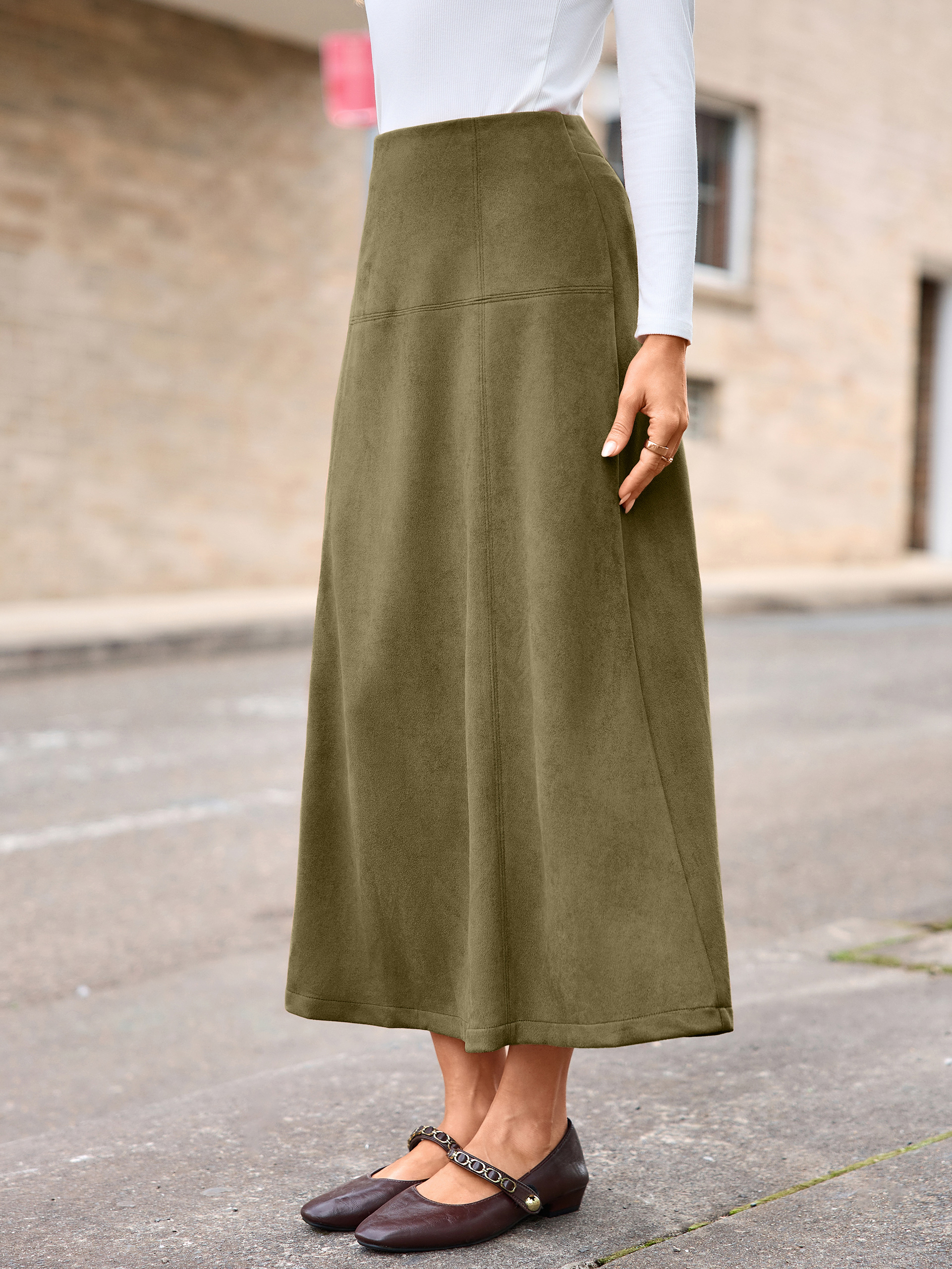 Faux Suede High Waisted Flare Midi Skirt