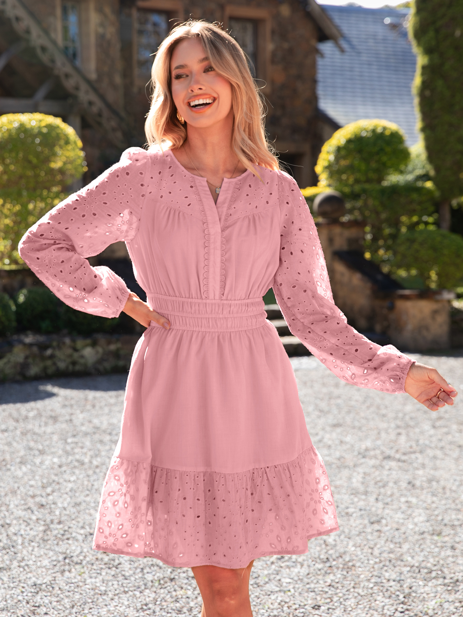 Eyelet V Neck Long Sleeve A Line Mini Dress