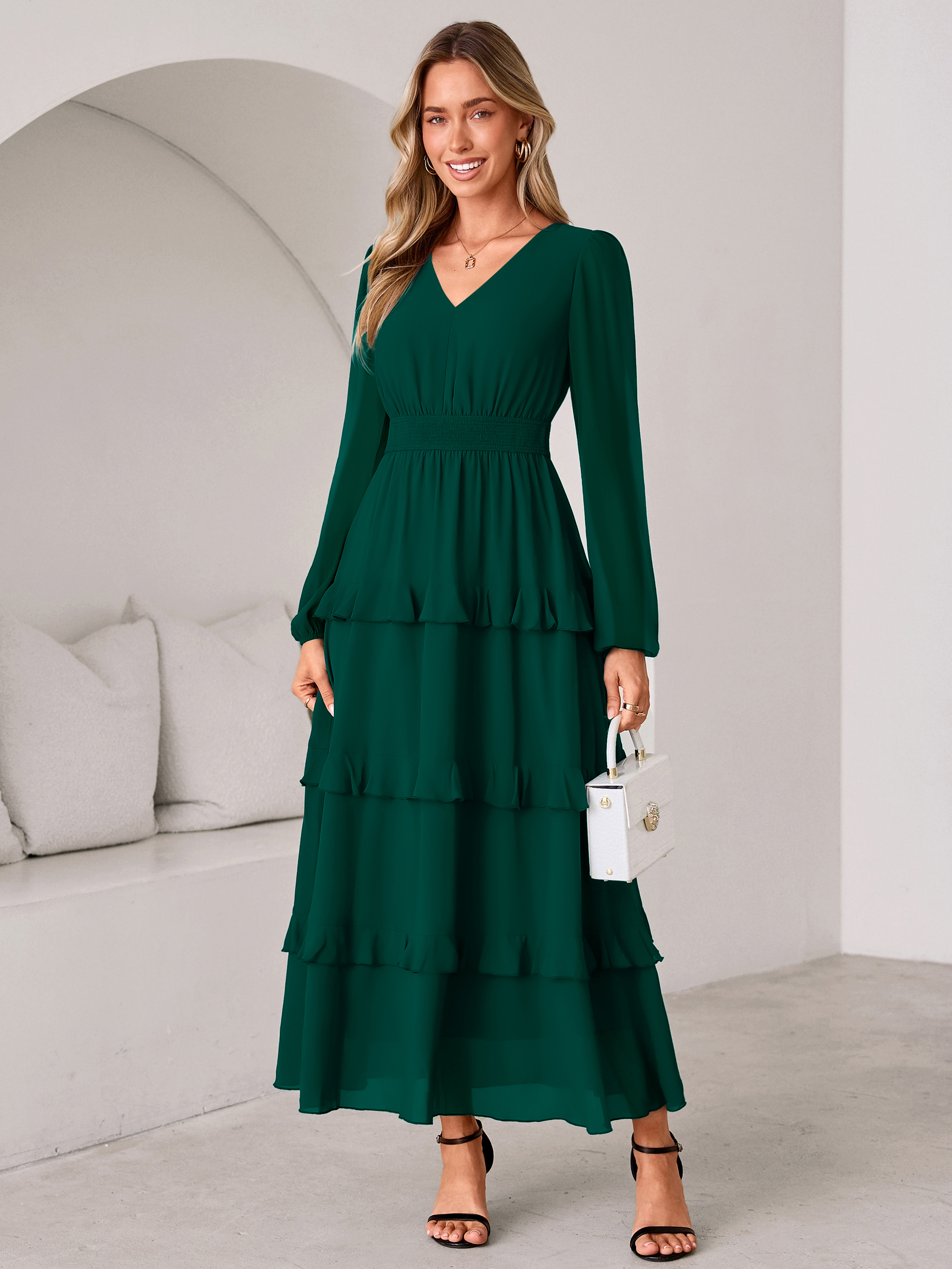 V-Neck Smocked Waist Tiered Ruffle Chiffon Maxi Dress - Dark Green