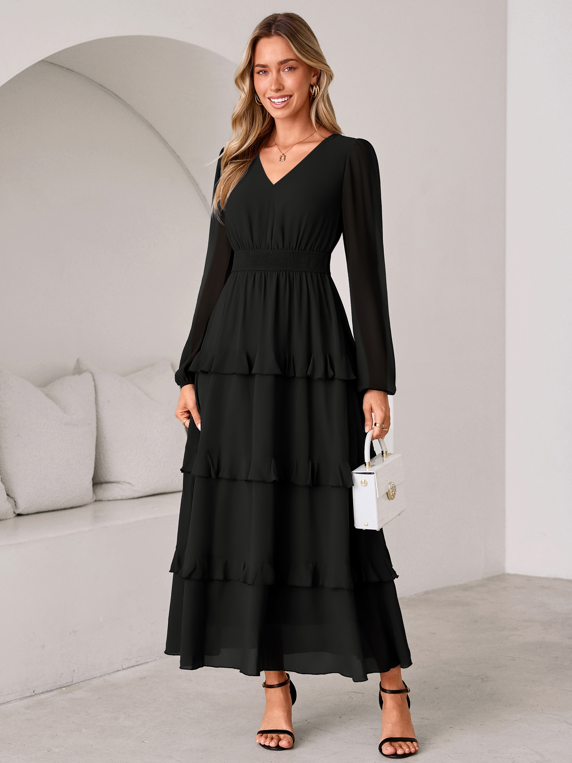 V-Neck Smocked Waist Tiered Ruffle Chiffon Maxi Dress - Black