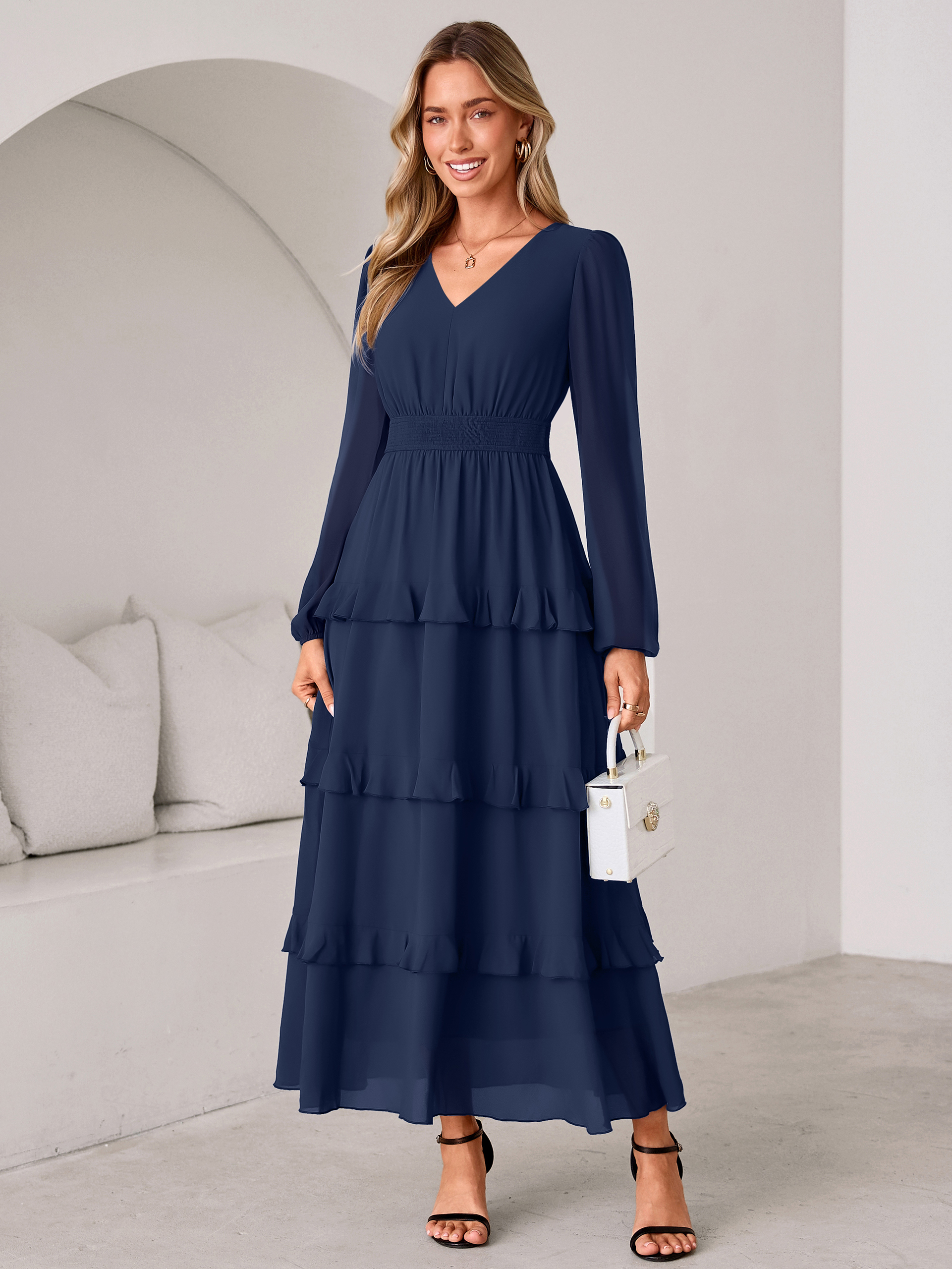 V-Neck Smocked Waist Tiered Ruffle Chiffon Maxi Dress - Navy Blue