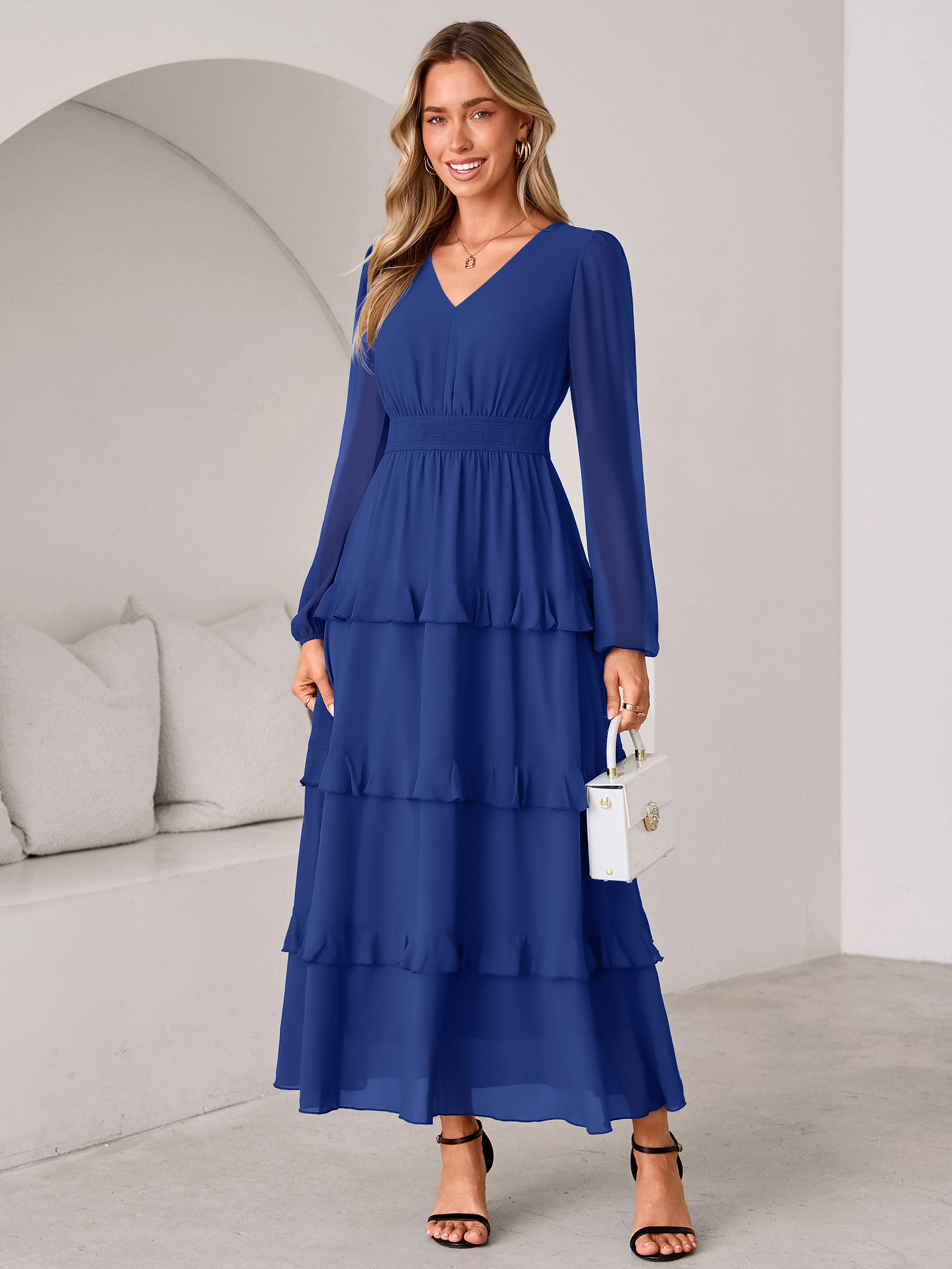 V-Neck Smocked Waist Tiered Ruffle Chiffon Maxi Dress - Dark Blue