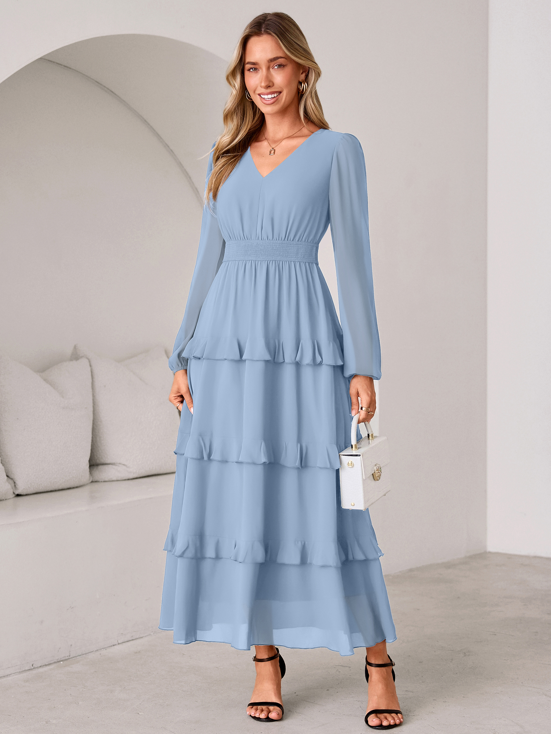 V-Neck Smocked Waist Tiered Ruffle Chiffon Maxi Dress - Light Blue