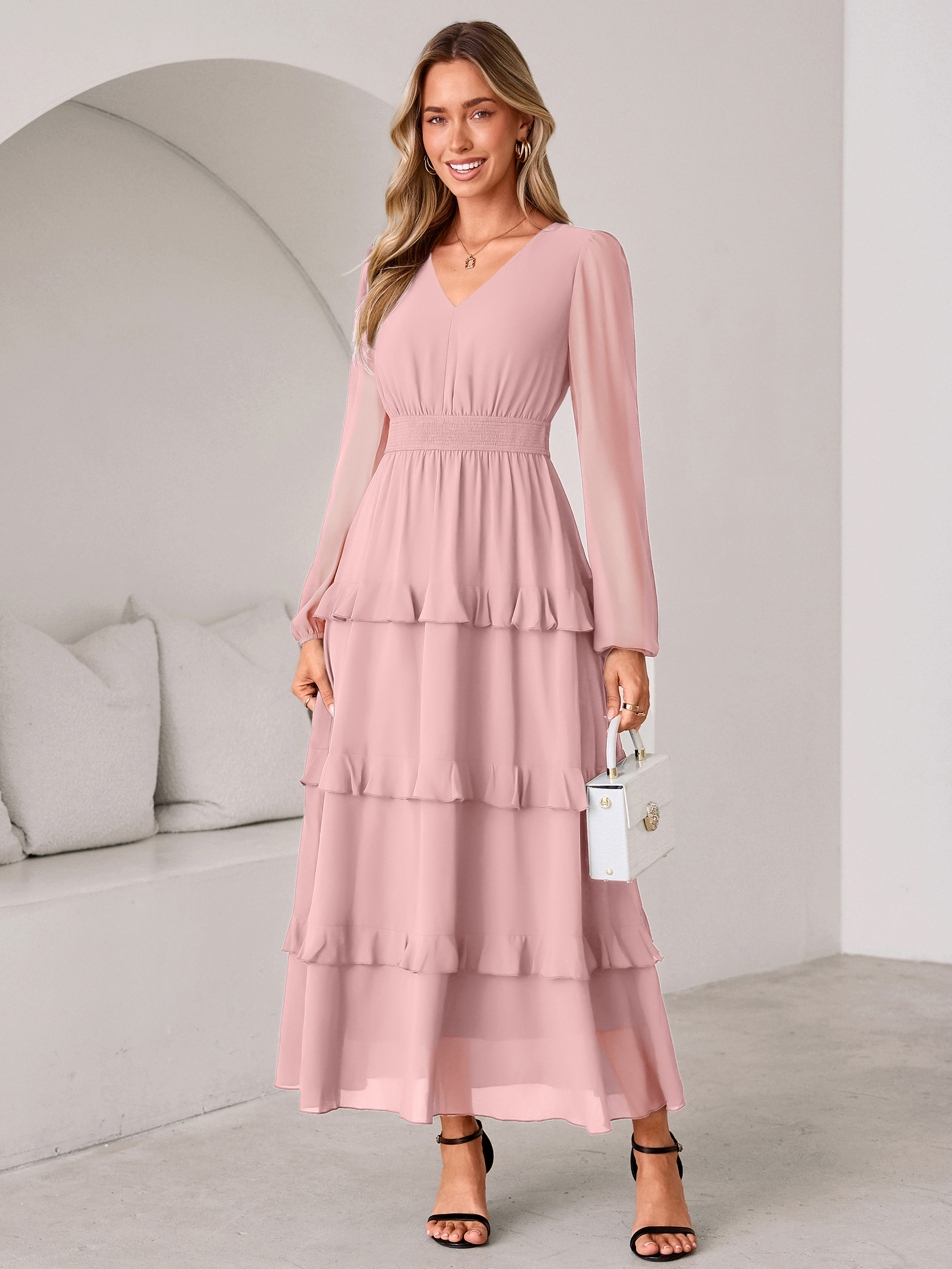 V-Neck Smocked Waist Tiered Ruffle Chiffon Maxi Dress - Pink