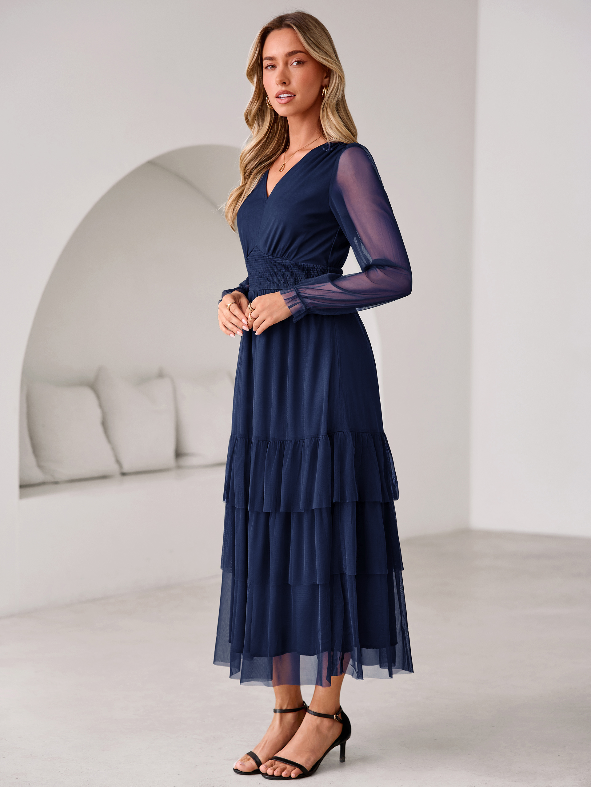 V-Neck Long Puff Sleeve Tiered Tulle Maxi Dress