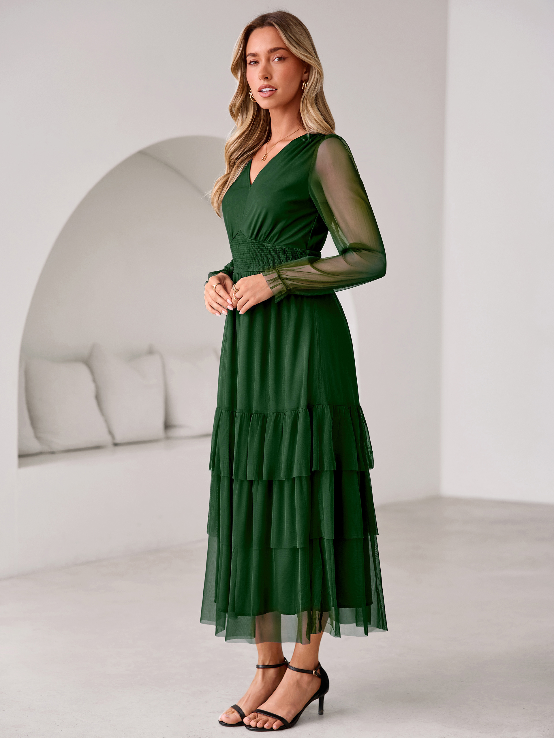 V-Neck Long Puff Sleeve Tiered Tulle Maxi Dress
