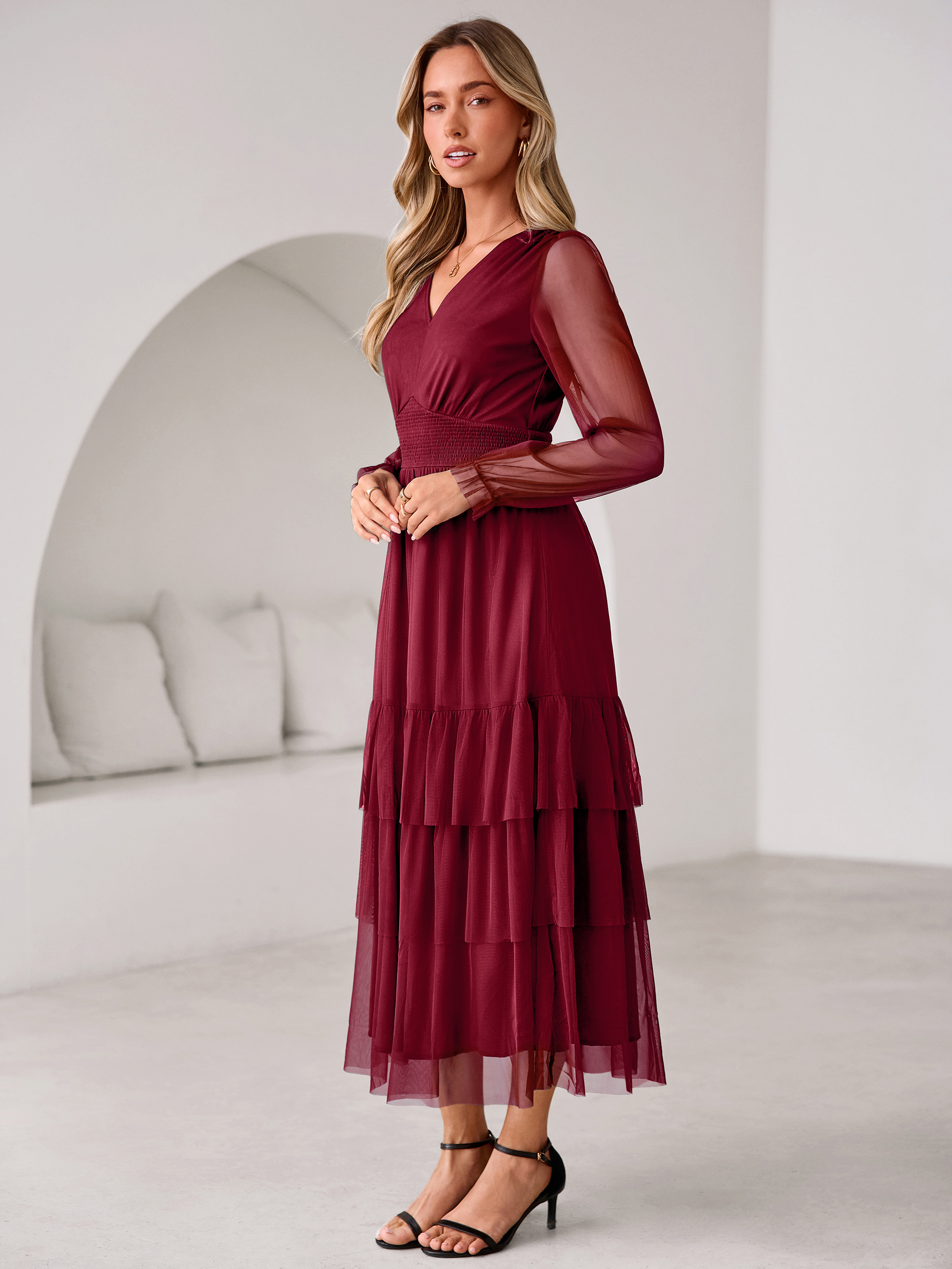V-Neck Long Puff Sleeve Tiered Tulle Maxi Dress