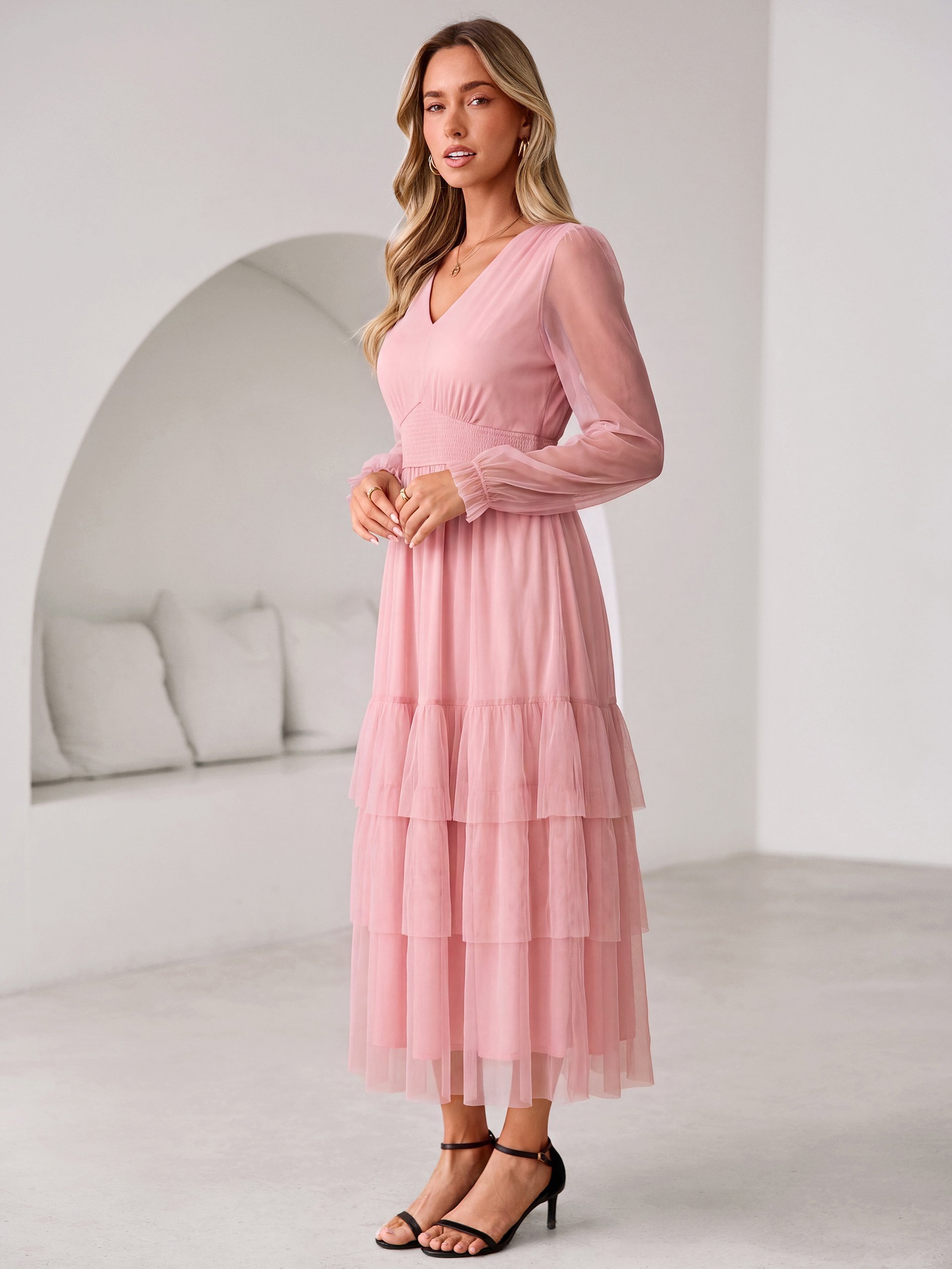 V-Neck Long Puff Sleeve Tiered Tulle Maxi Dress