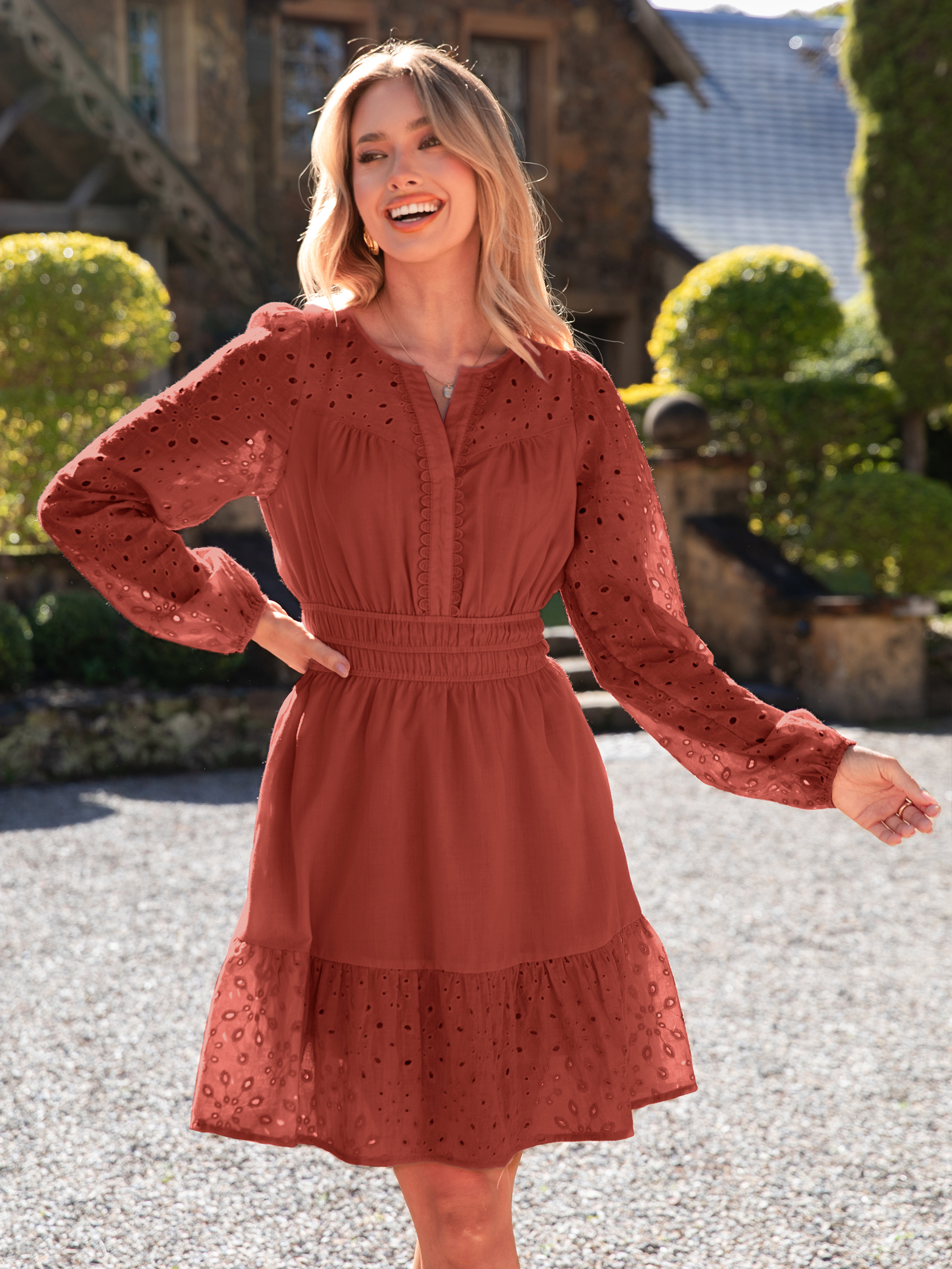 Eyelet V Neck Long Sleeve A Line Mini Dress