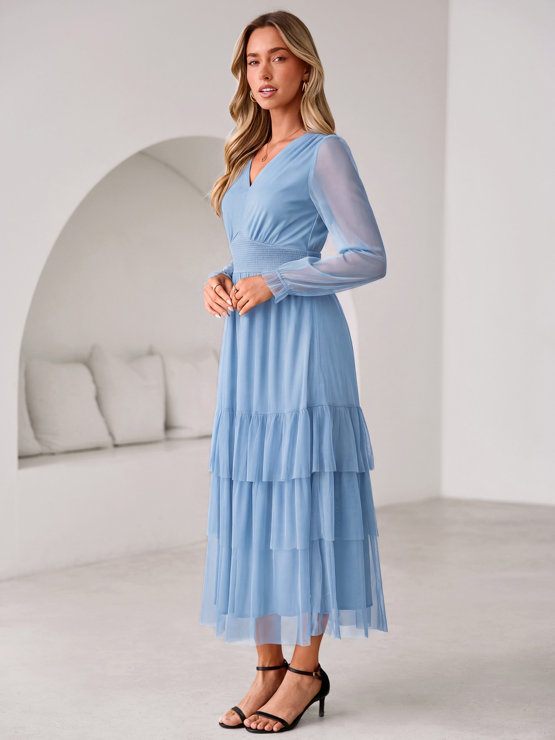 V-Neck Long Puff Sleeve Tiered Tulle Maxi Dress