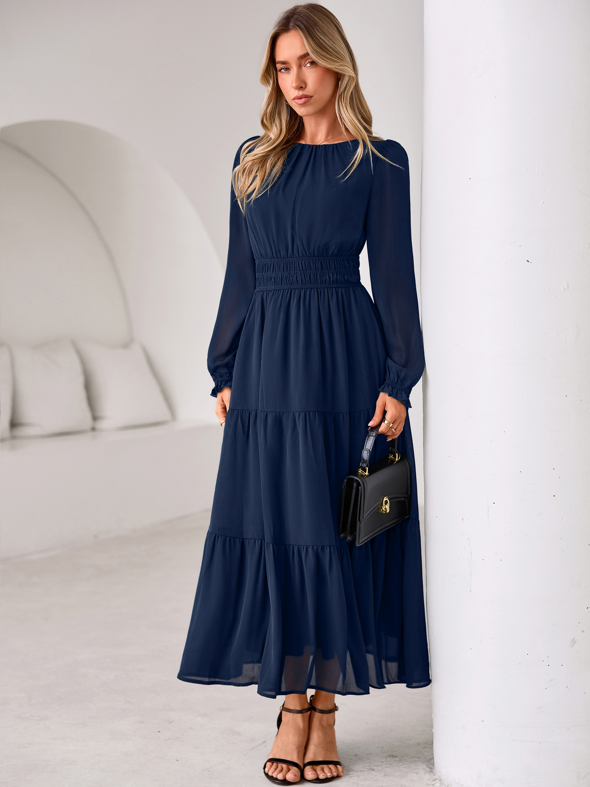 Crewneck Long Sleeve Tiered Chiffon Maxi Dress