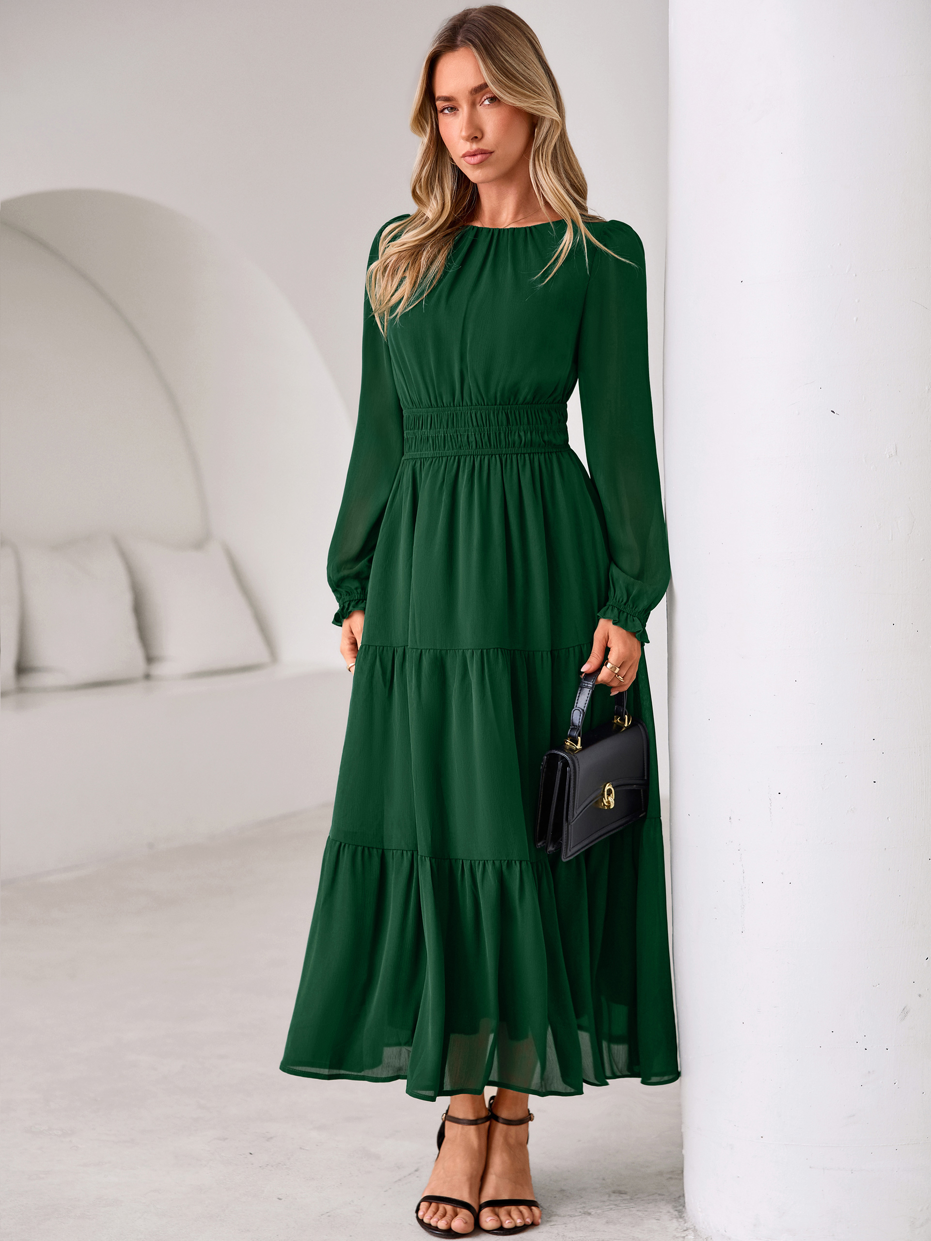 Crewneck Long Sleeve Tiered Chiffon Maxi Dress