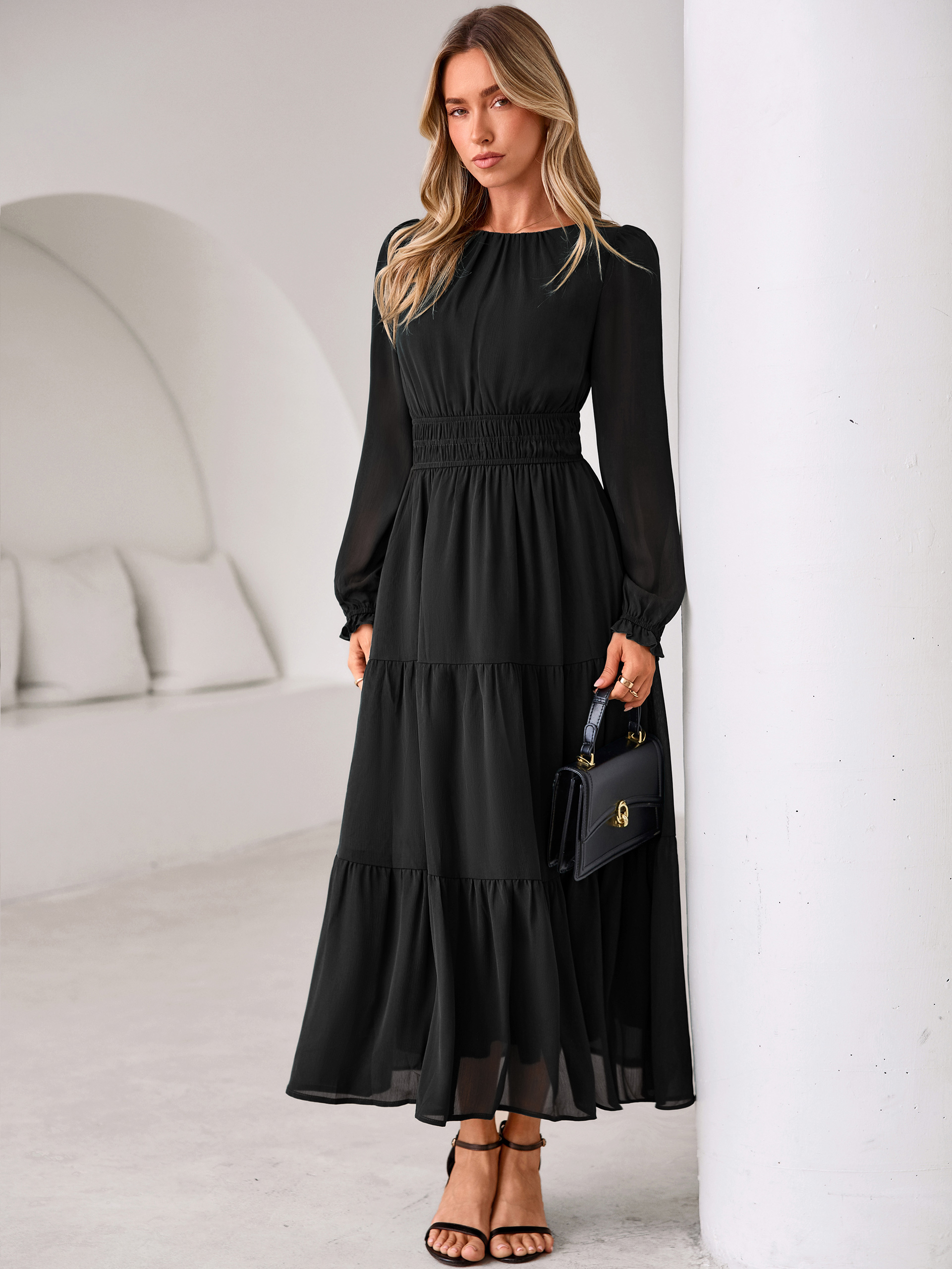 Crewneck Long Sleeve Tiered Chiffon Maxi Dress