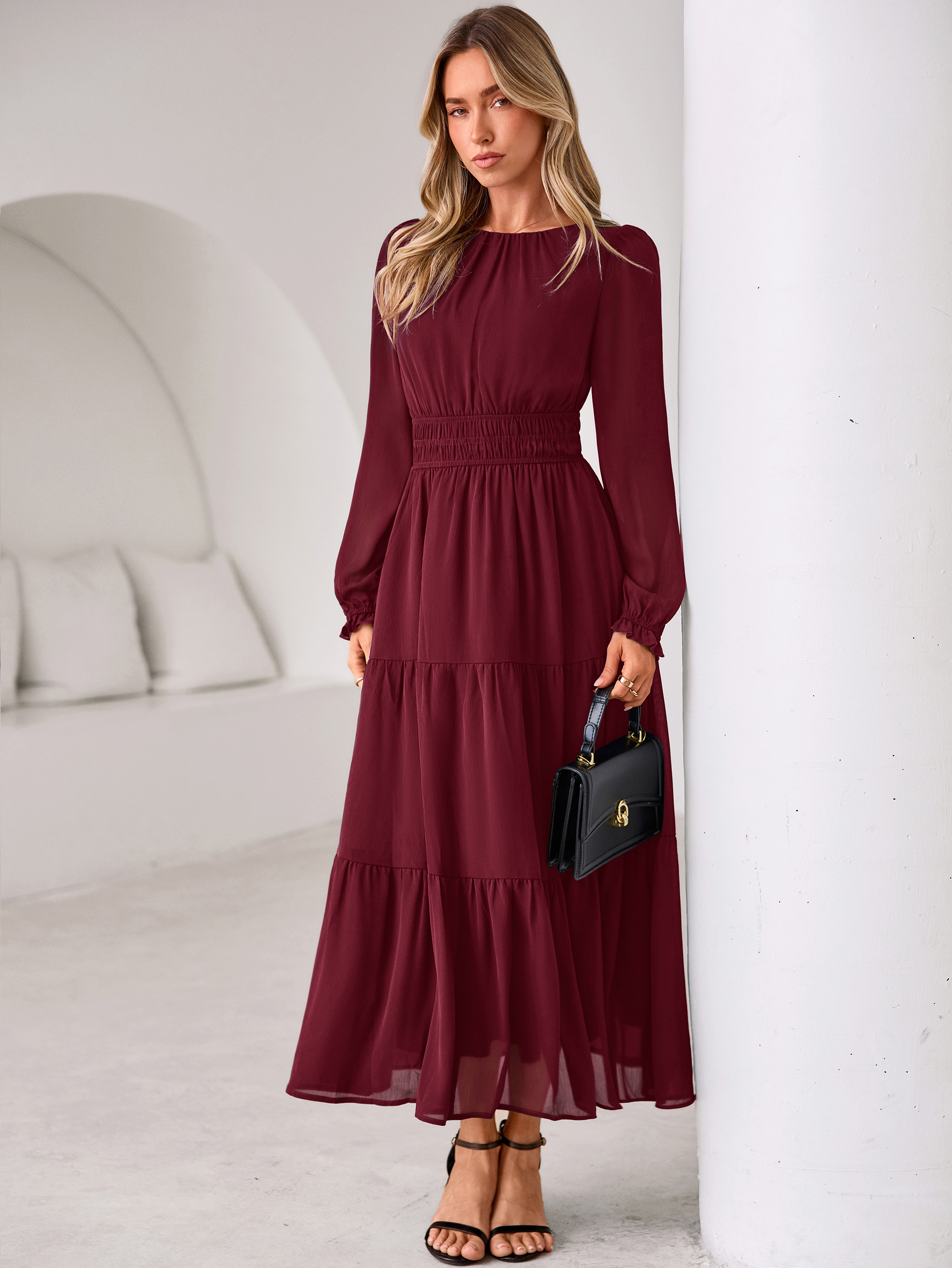 Crewneck Long Sleeve Tiered Chiffon Maxi Dress