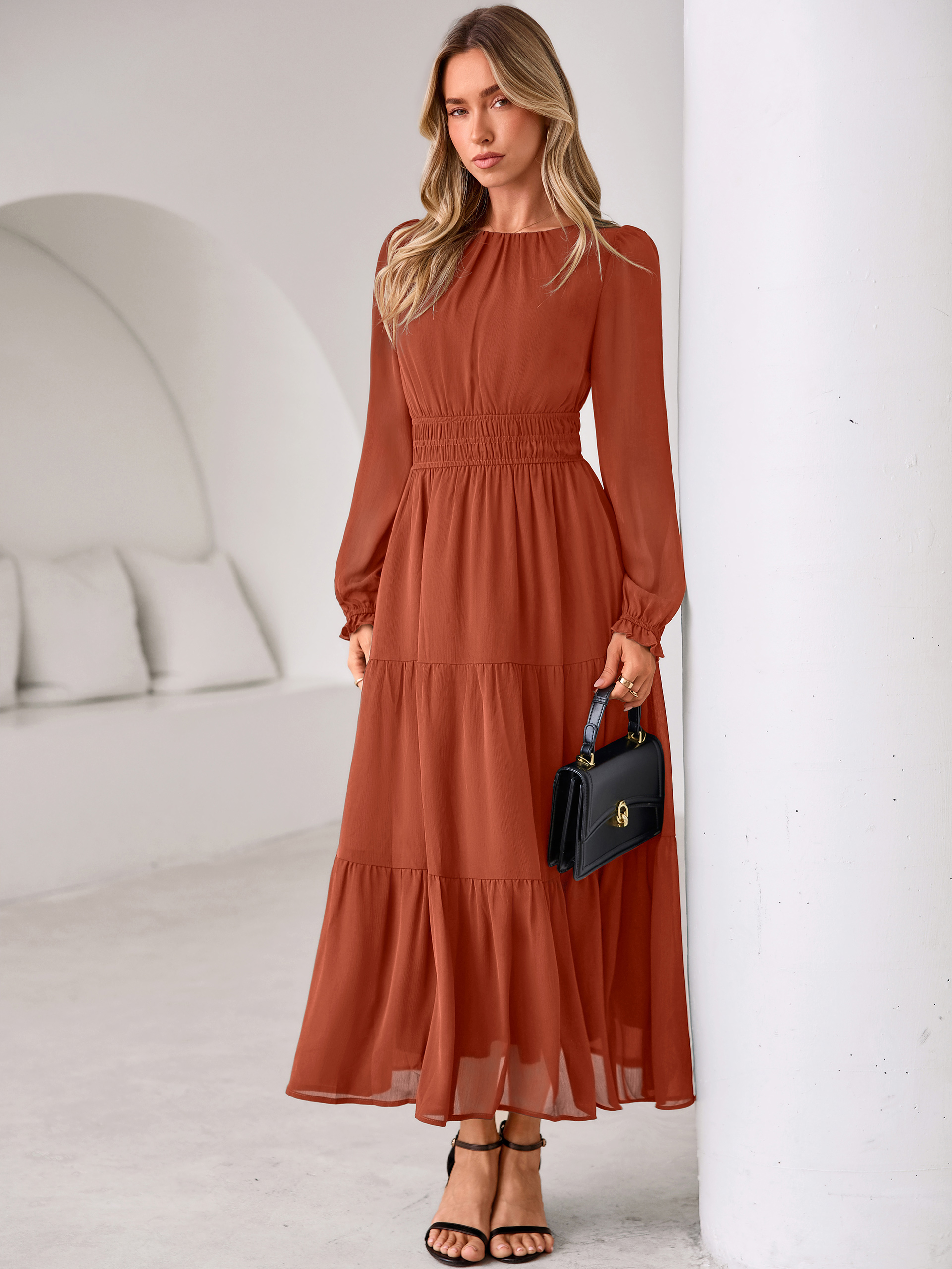 Crewneck Long Sleeve Tiered Chiffon Maxi Dress
