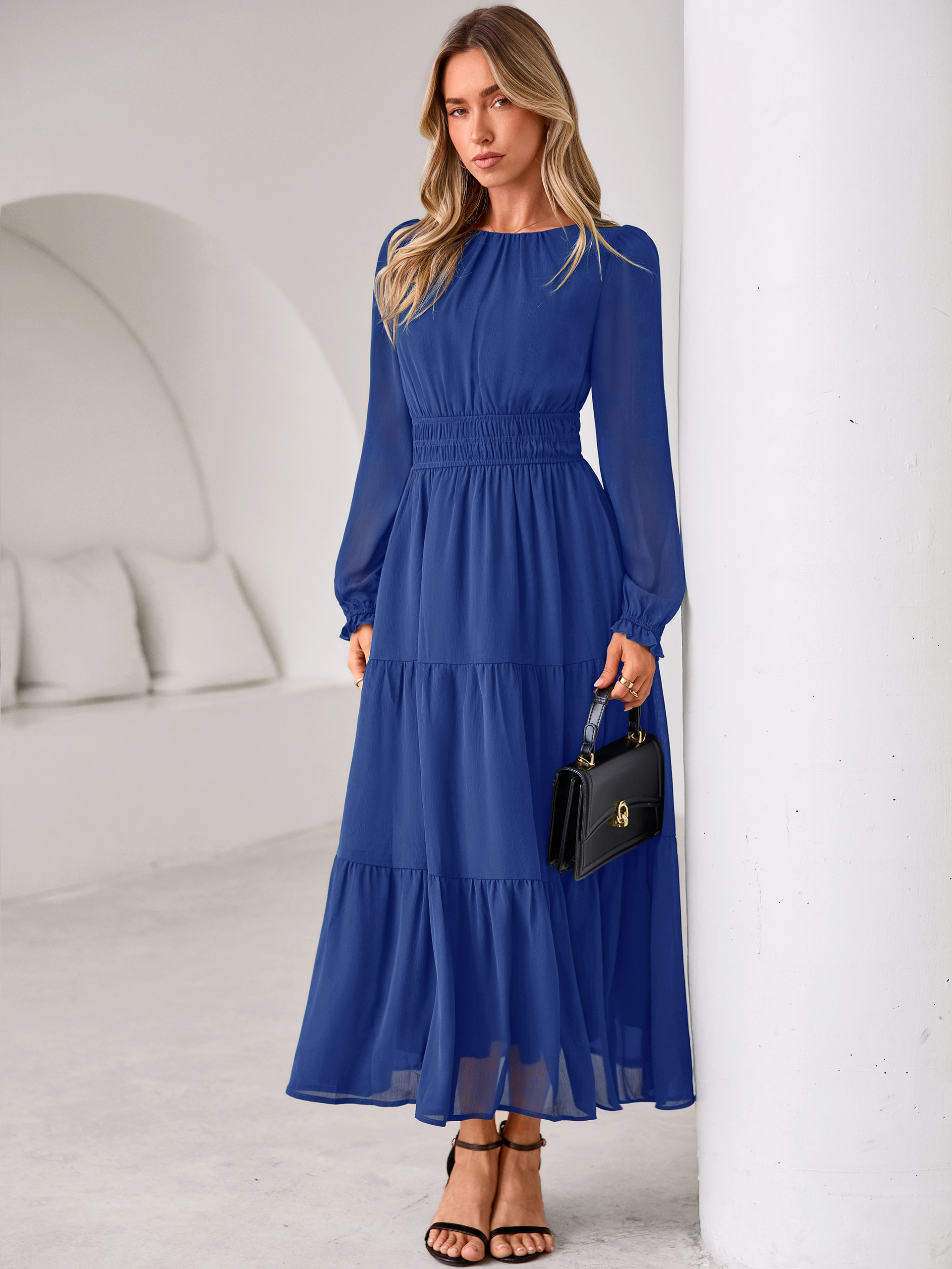 Crewneck Long Sleeve Tiered Chiffon Maxi Dress