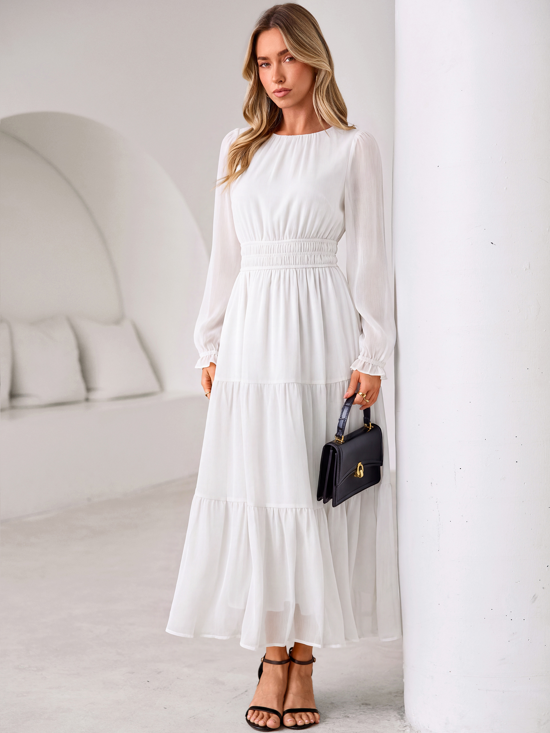 Crewneck Long Sleeve Tiered Chiffon Maxi Dress