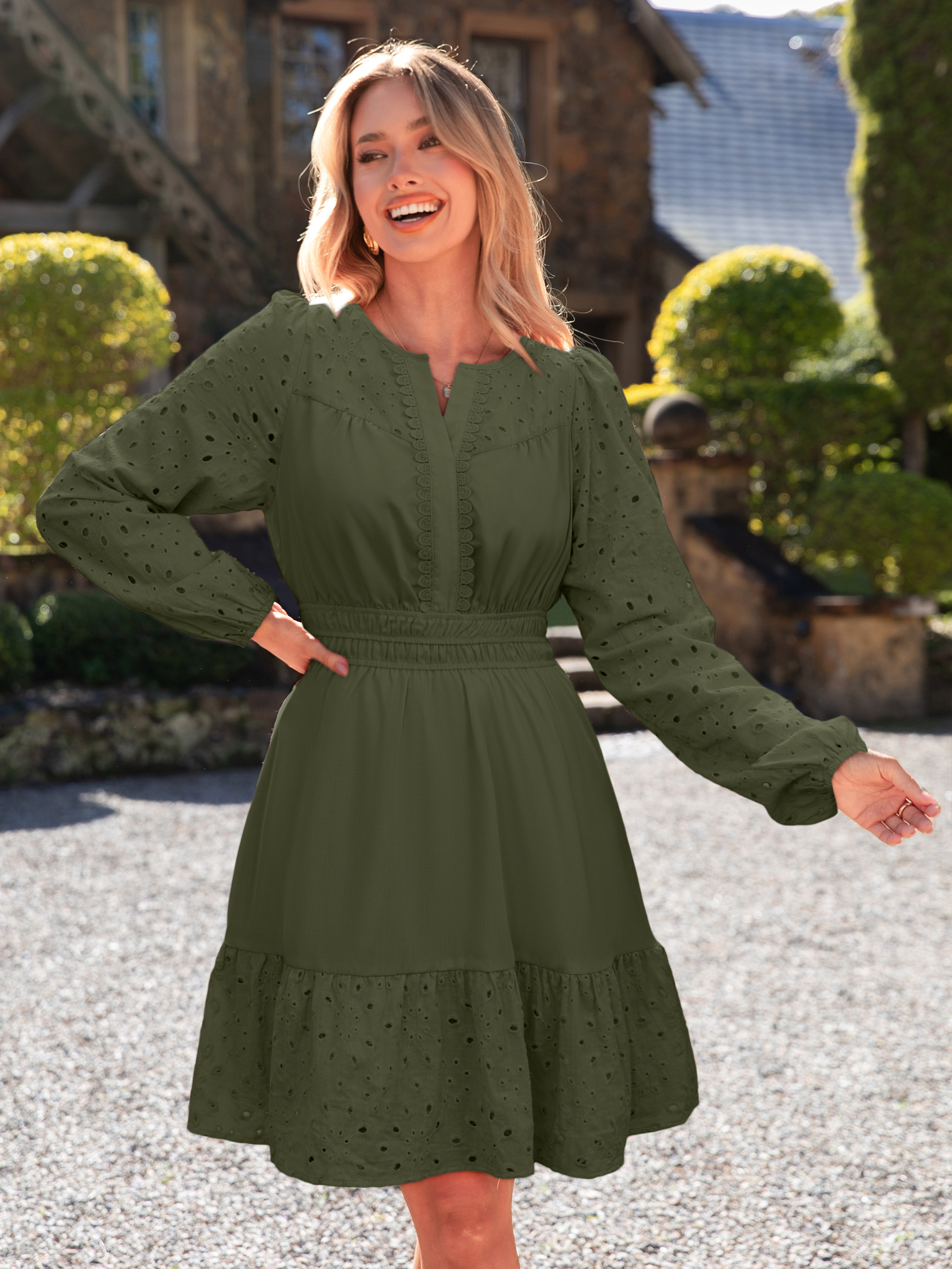 Eyelet V Neck Long Sleeve A Line Mini Dress