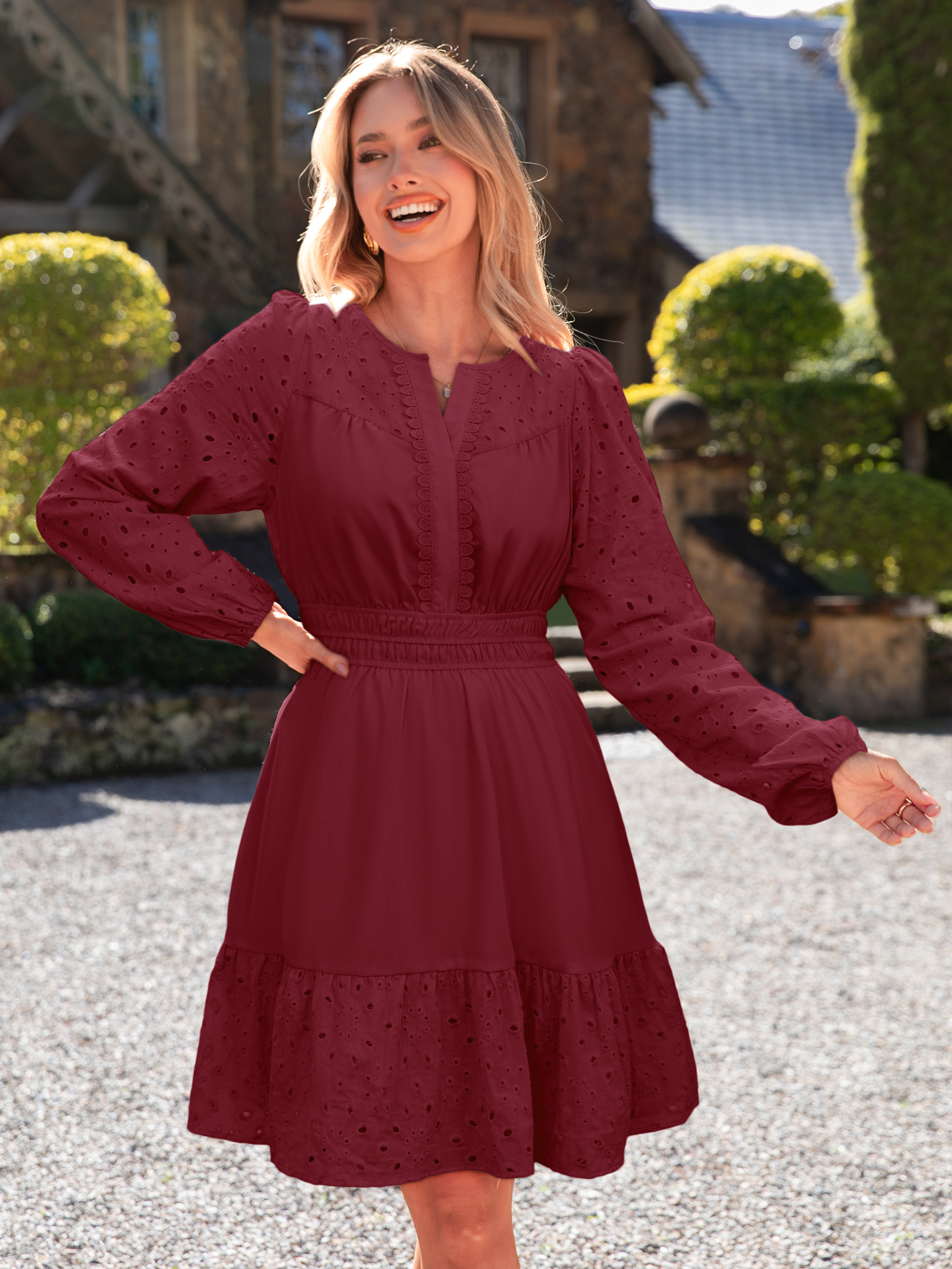 Eyelet V Neck Long Sleeve A Line Mini Dress