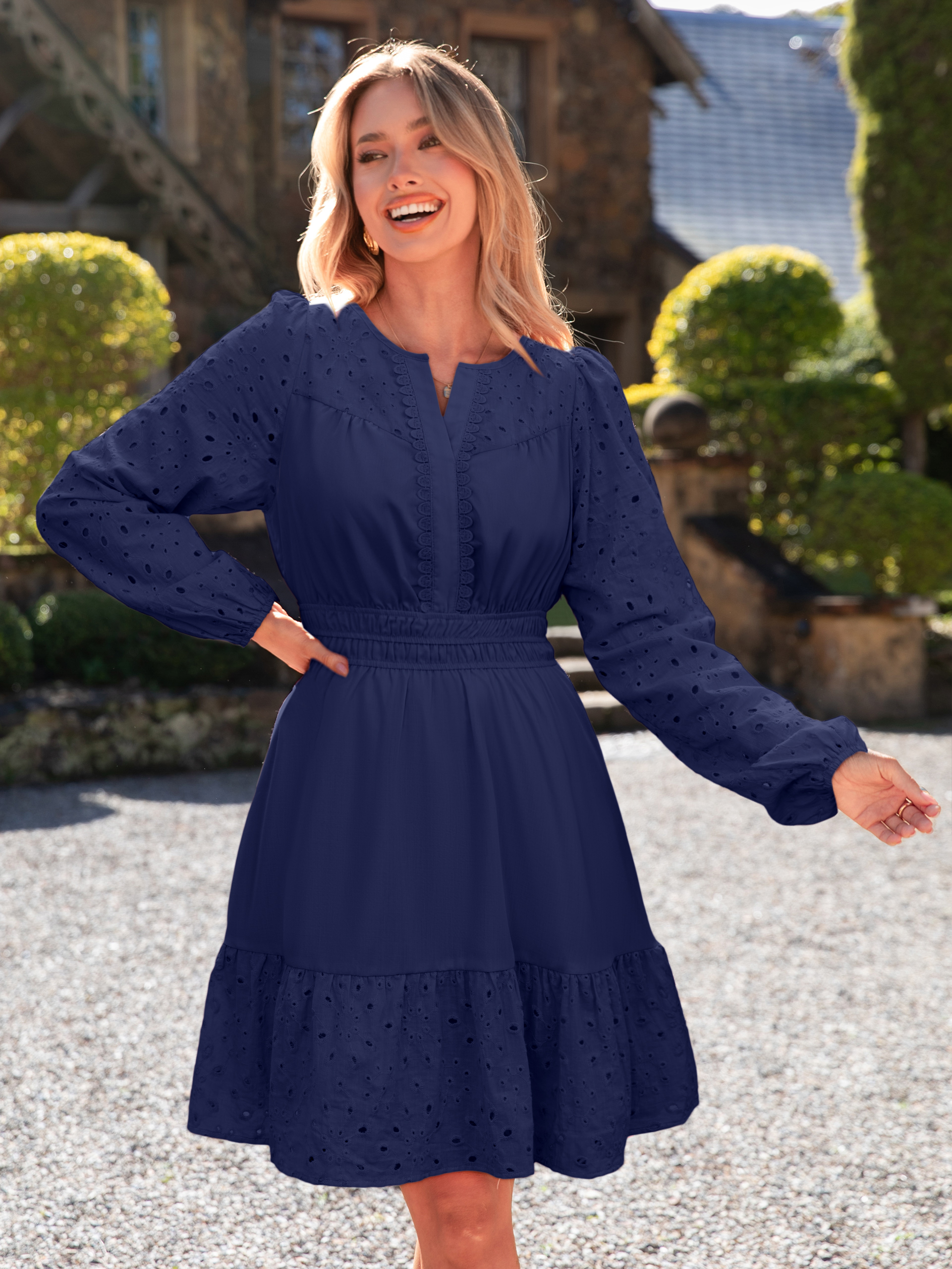 Eyelet V Neck Long Sleeve A Line Mini Dress