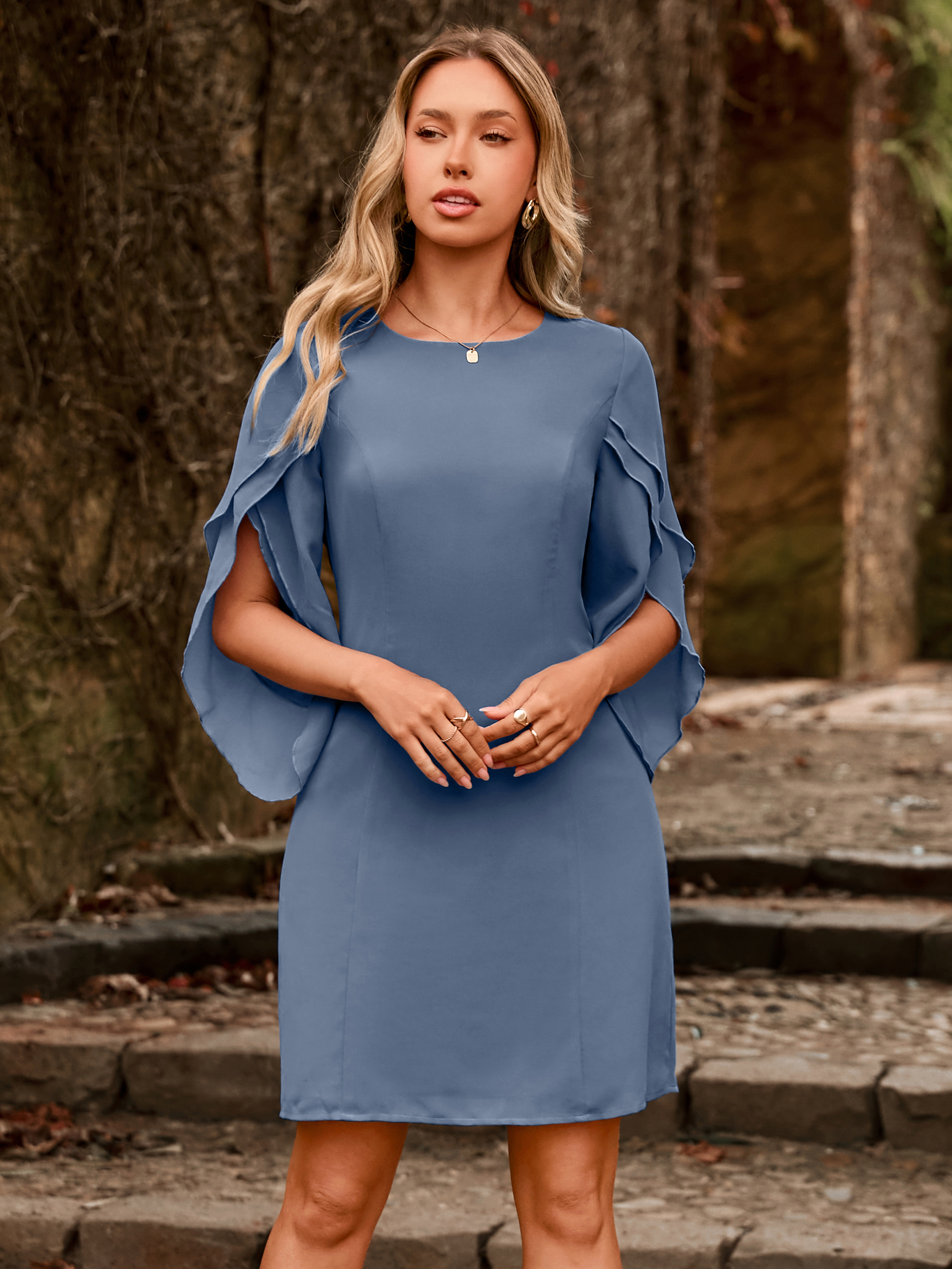 Fultter Sleeve Chiffon Cocktail Dress for Weddings - Grey Blue