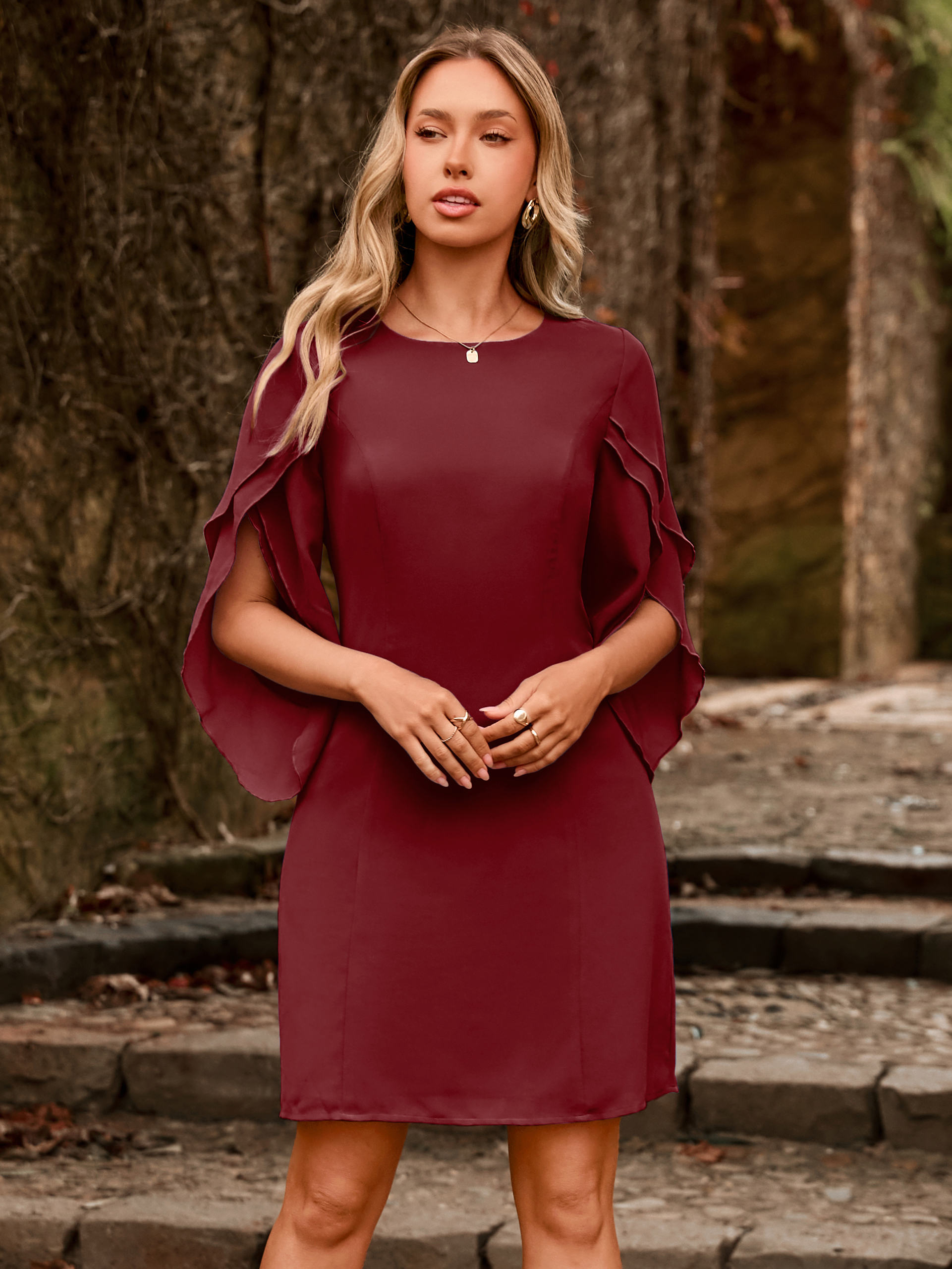 Fultter Sleeve Chiffon Cocktail Dress for Weddings - Wine Red
