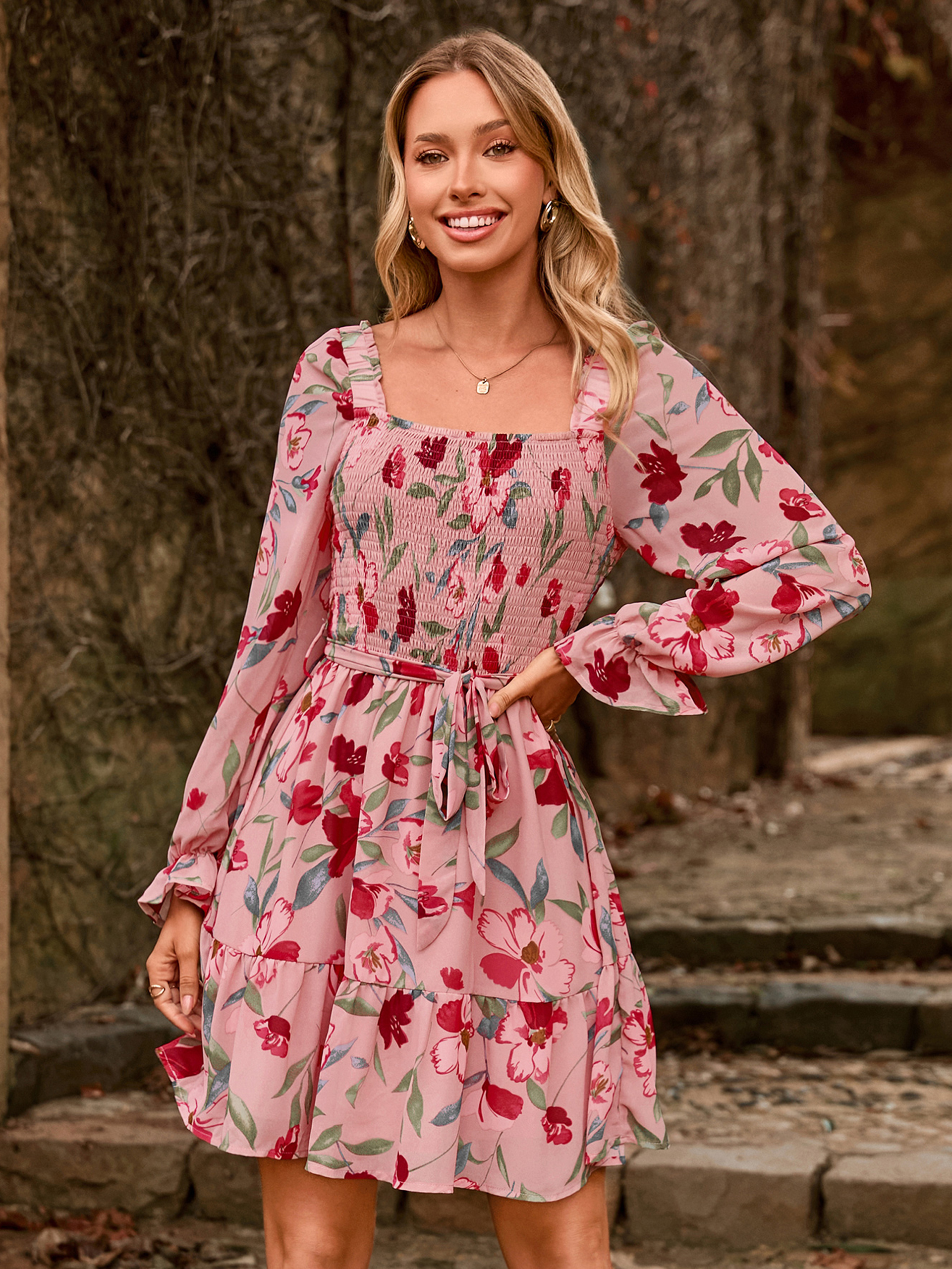 Boho Floral Chiffon Smocked Mini Dress