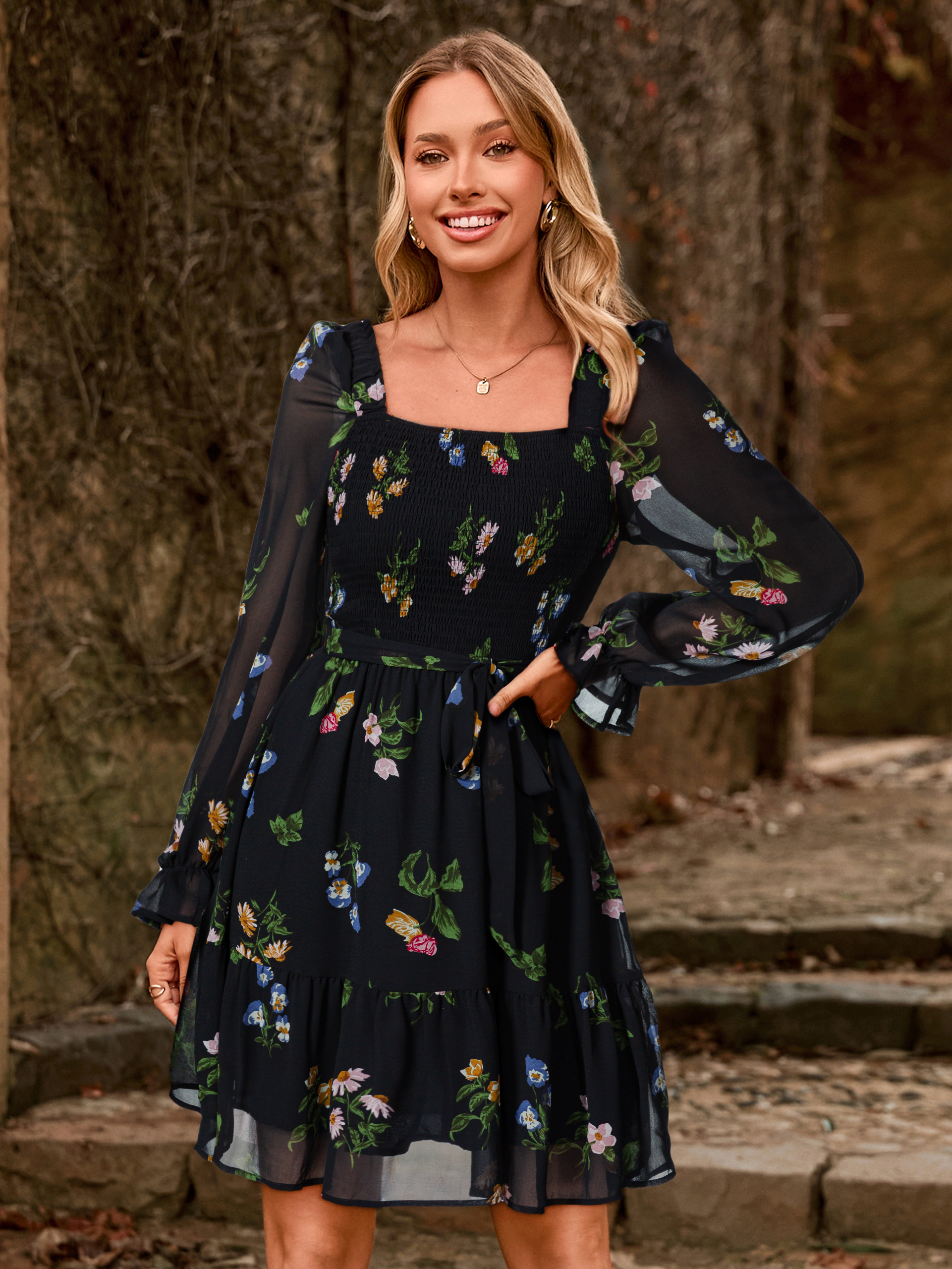 Boho Floral Chiffon Smocked Mini Dress