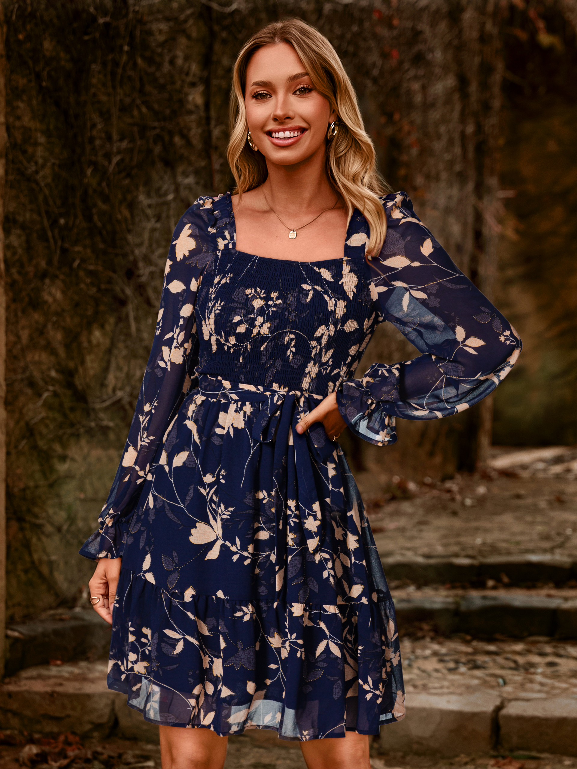 Boho Floral Chiffon Smocked Mini Dress