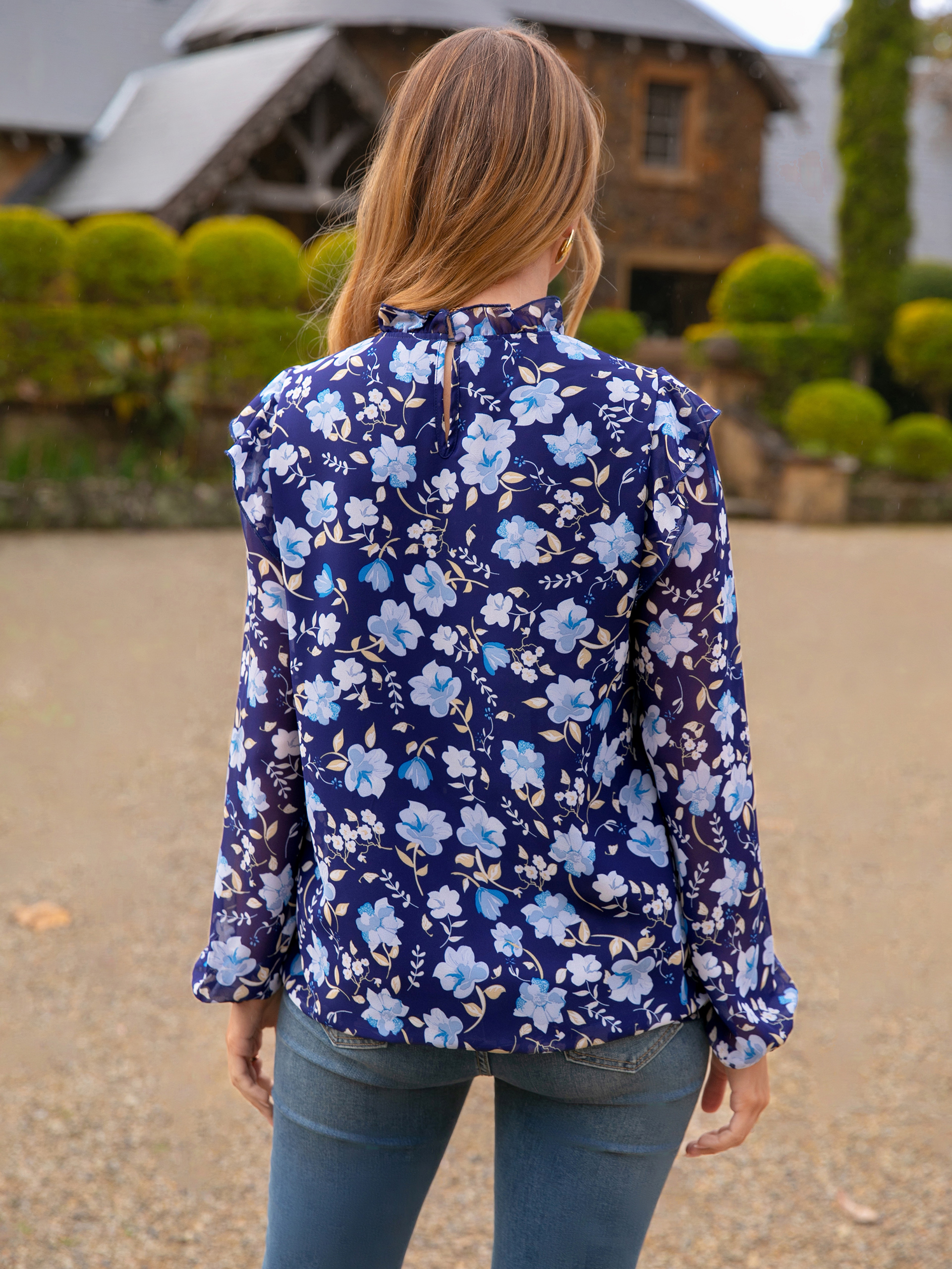 Boho Floral Ruffle Long Sleeve Blouse - Floral Navy Blue