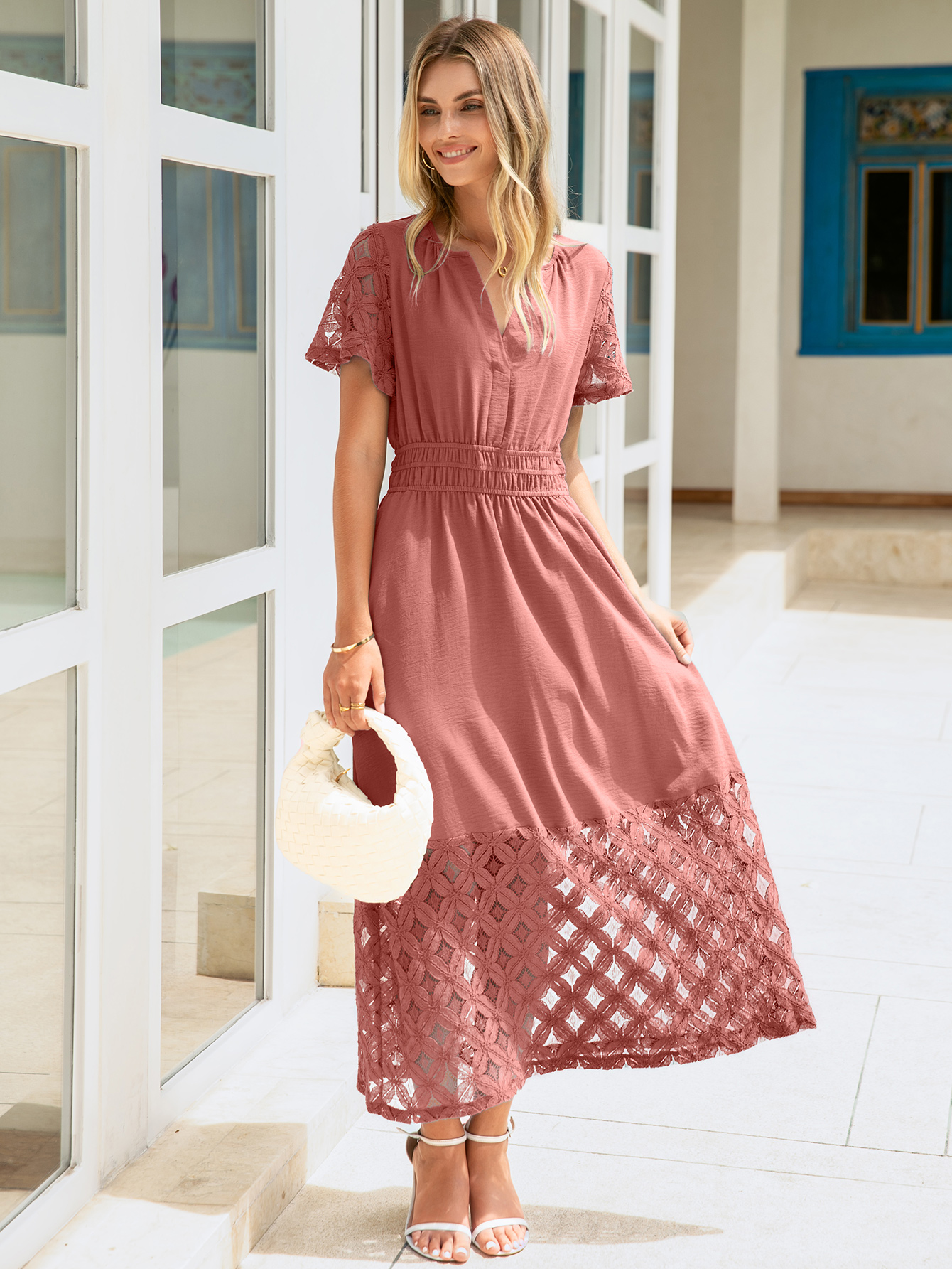 Lace Boho V Neck Short Sleeve Tiered Maxi Dress