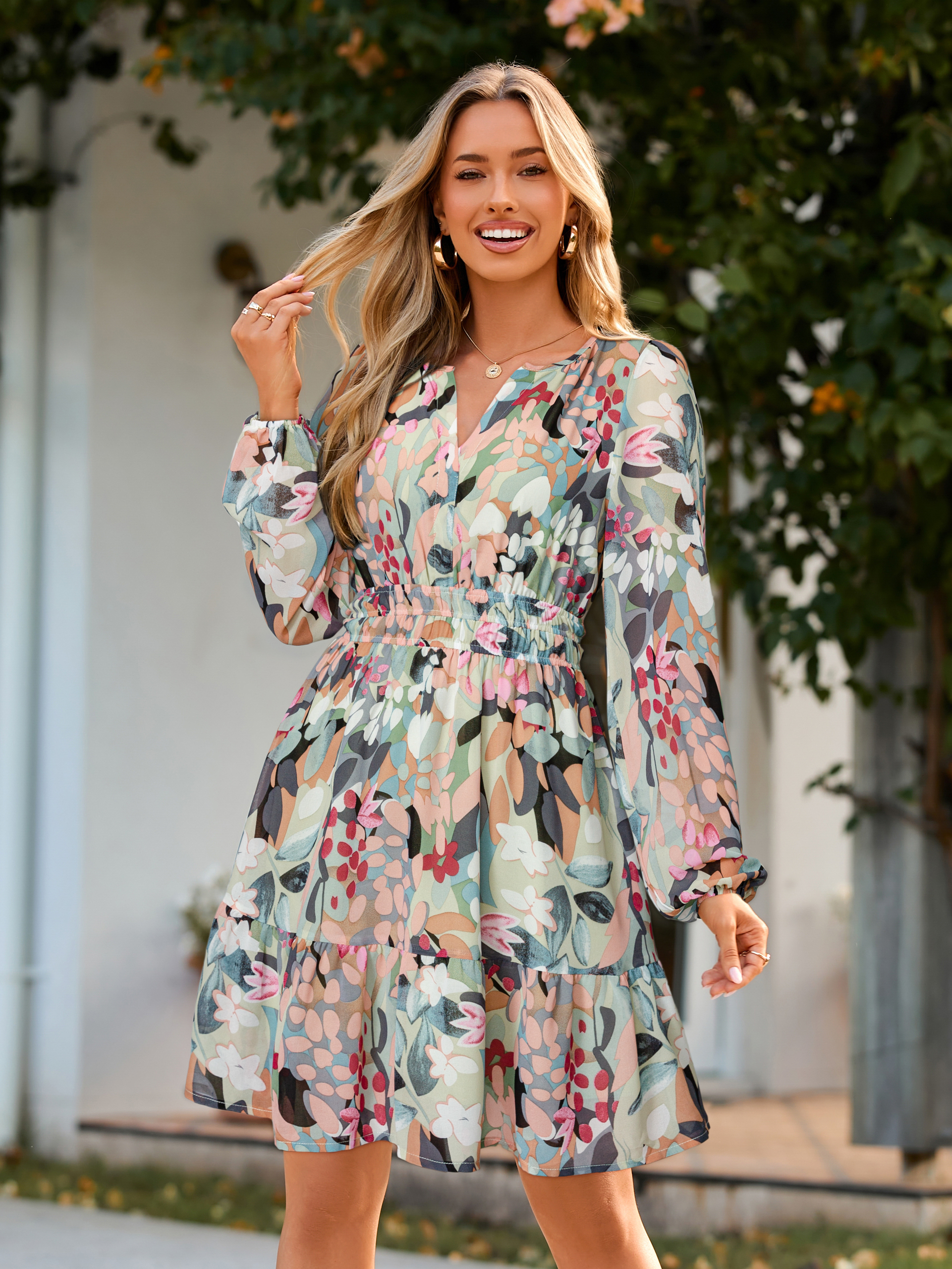 Boho V Neck A Line Floral Chiffon Mini Dress