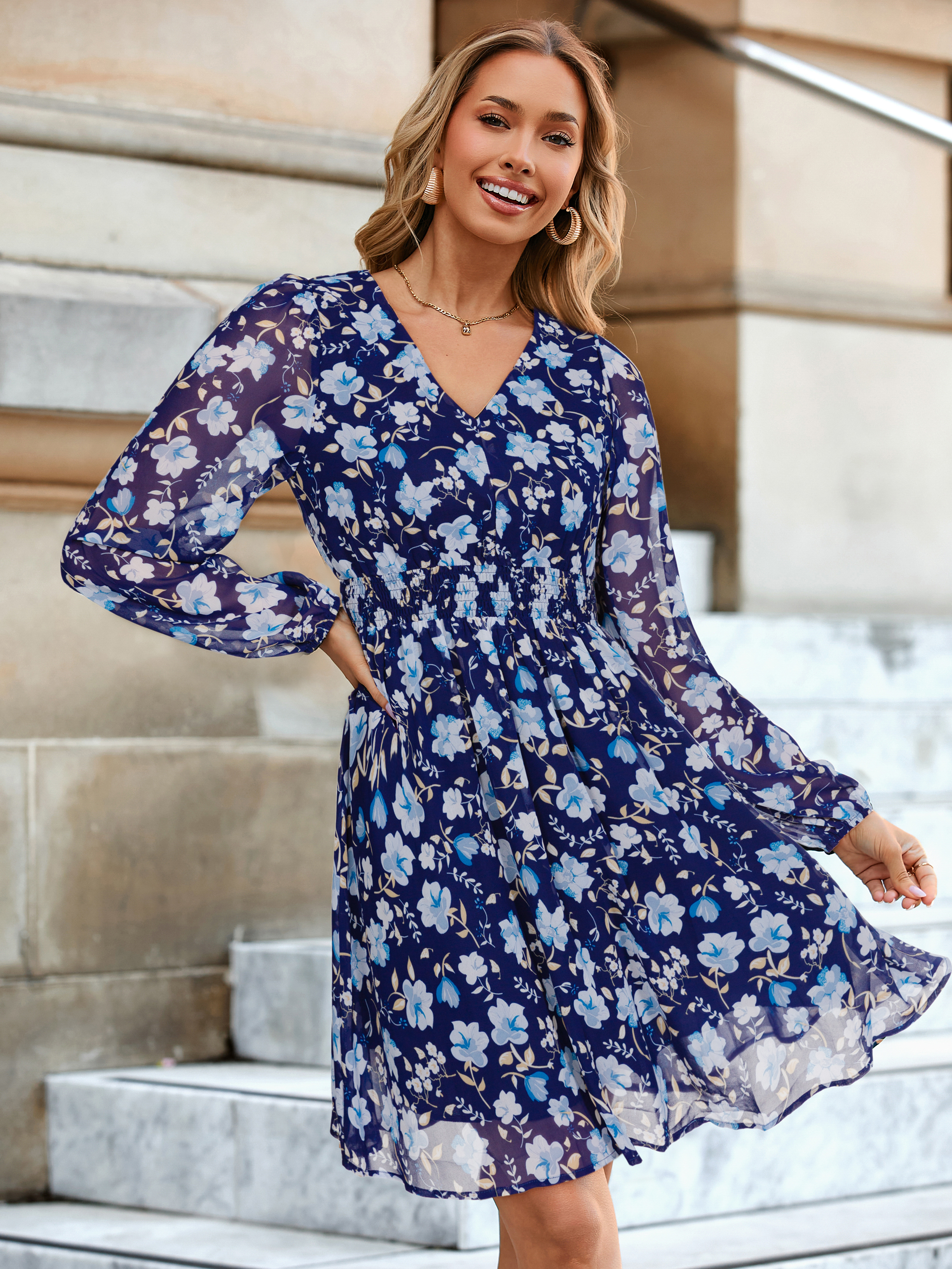 Boho Flowy Floral Chiffon Wedding Guest Mini Dress