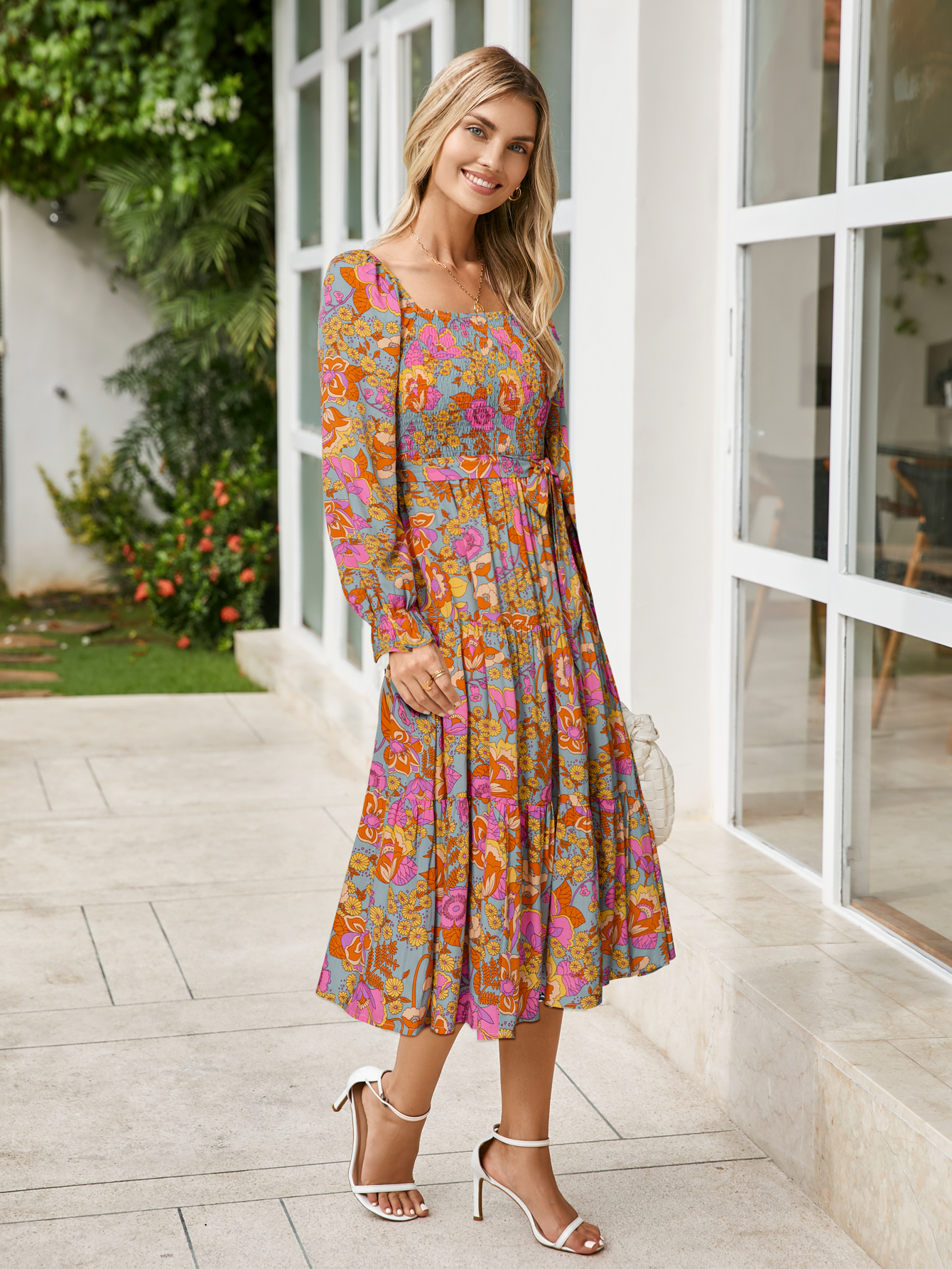 Floral Tiered Puff Sleeve Smocked Maxi Dress