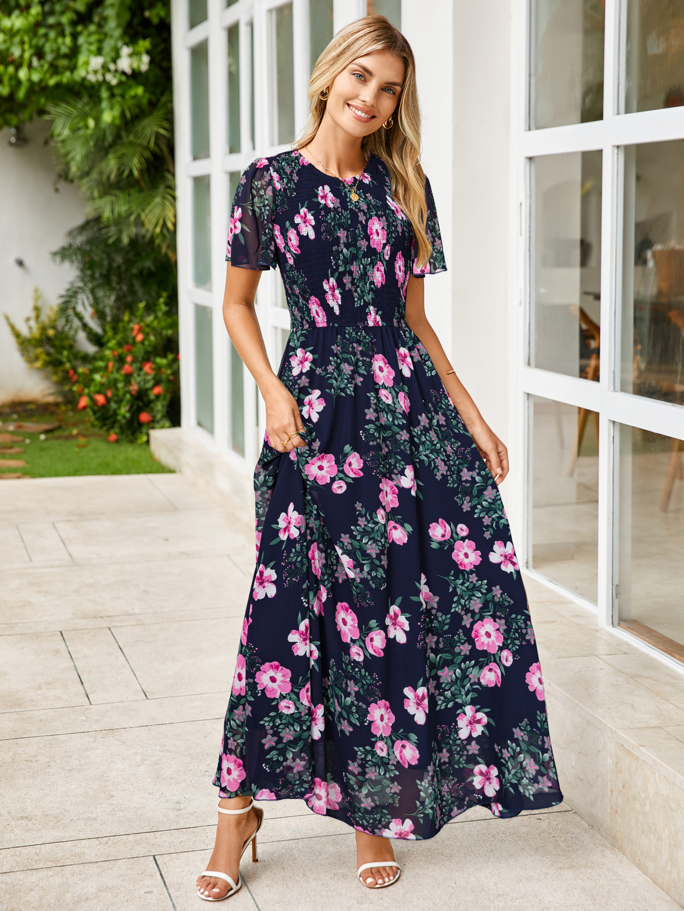 Chiffon Flutter Sleeve Smocked Floral Maxi Dress