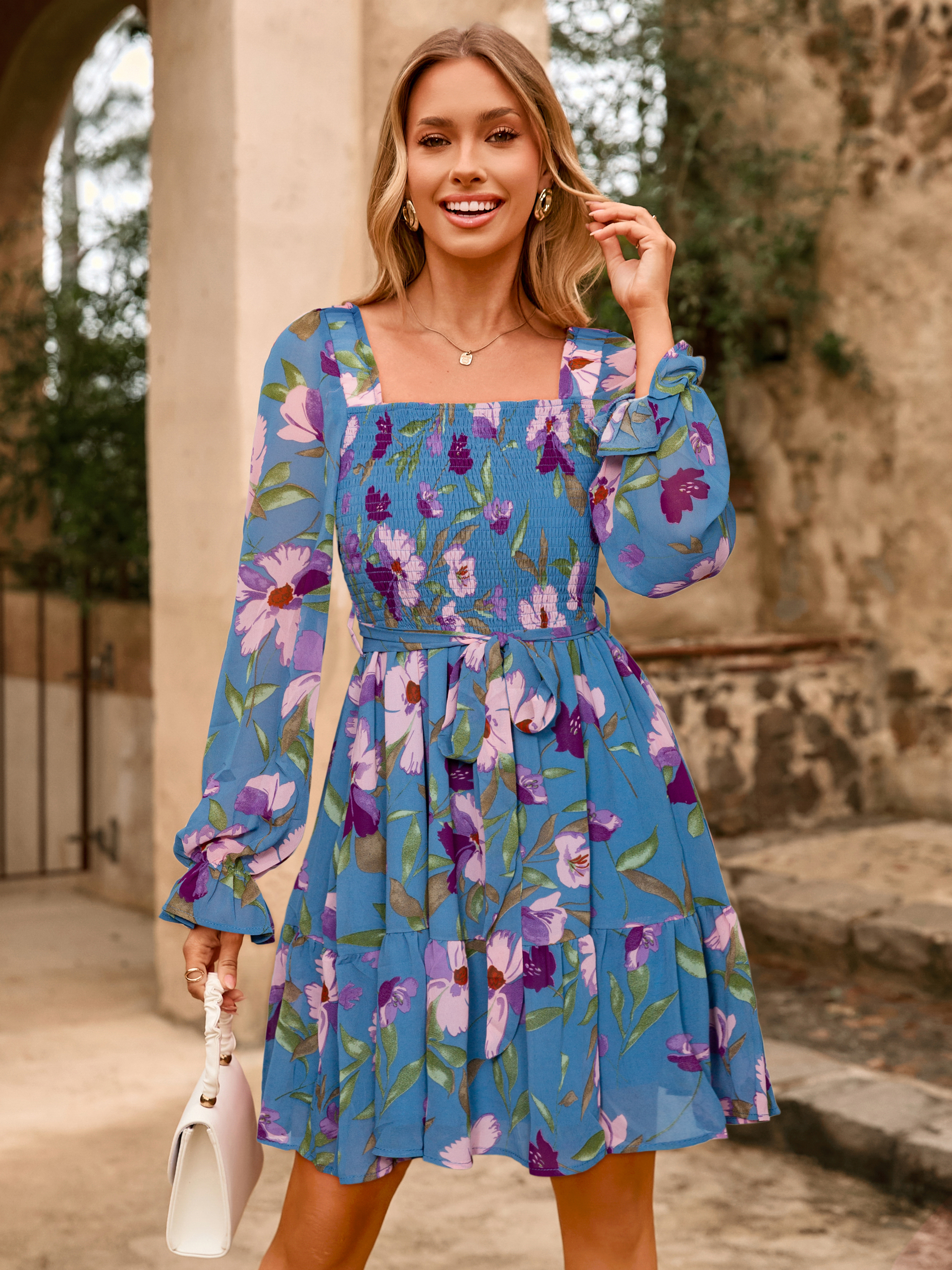 Boho Floral Chiffon Smocked Mini Dress